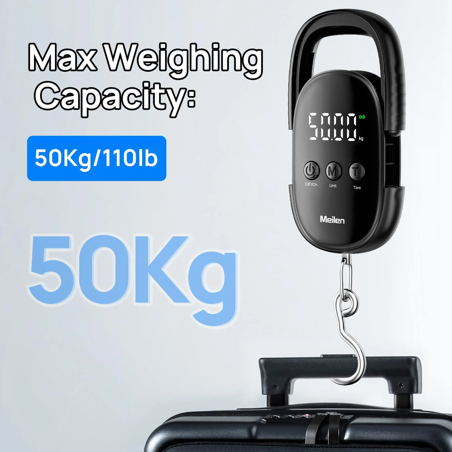 Meilen Waga bagażowa, 49,9 kg/50 kg, cyfrowa waga wędkarska z przenośnym zawieszeniem, waga bagażowa z haczykiem, ładowanie typu C, ekran LED, czarna
