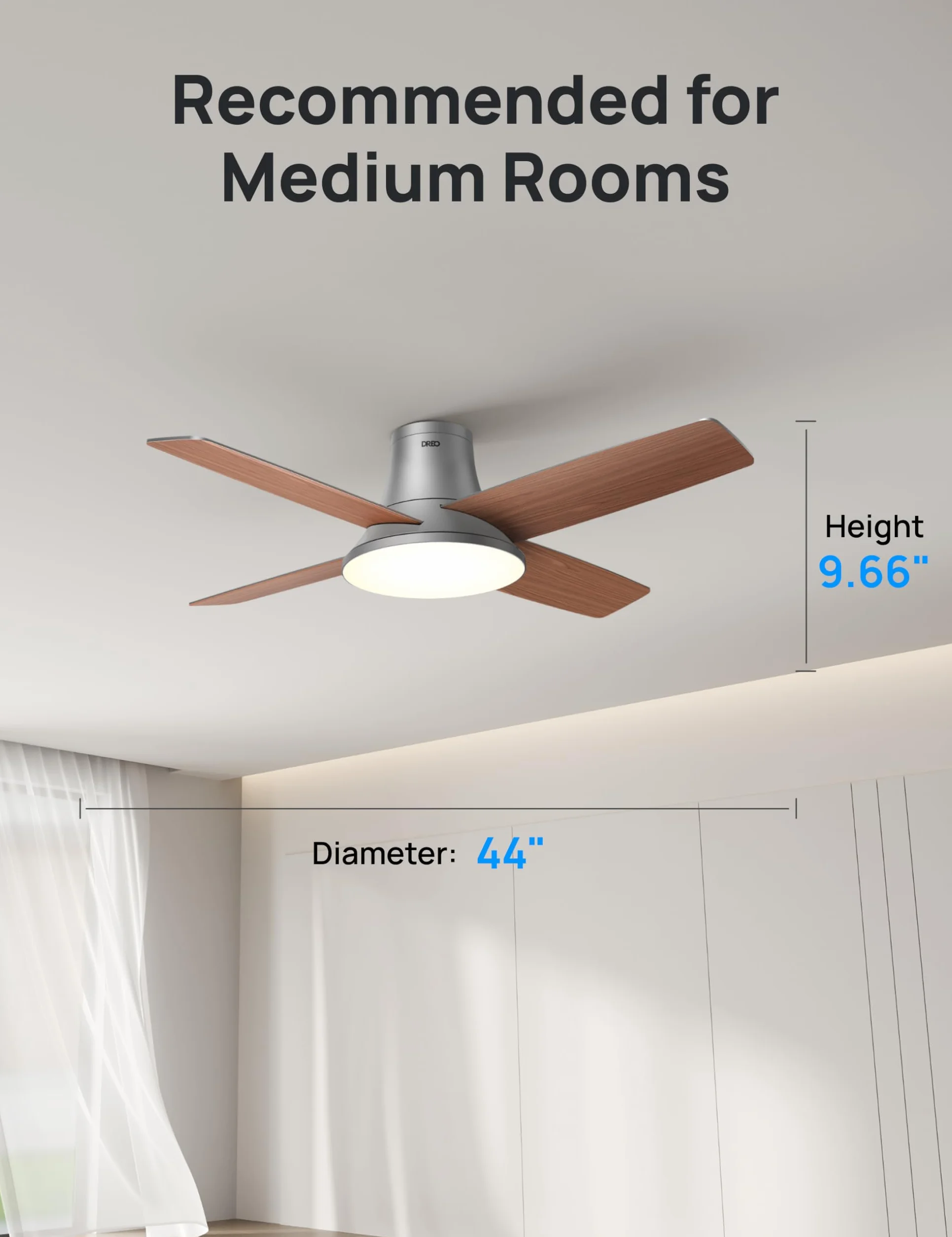 Dreo Cichy wentylator sufitowy z lampą LED 112 cm odwracalny 5CCT 6 prędkości pilot czarny