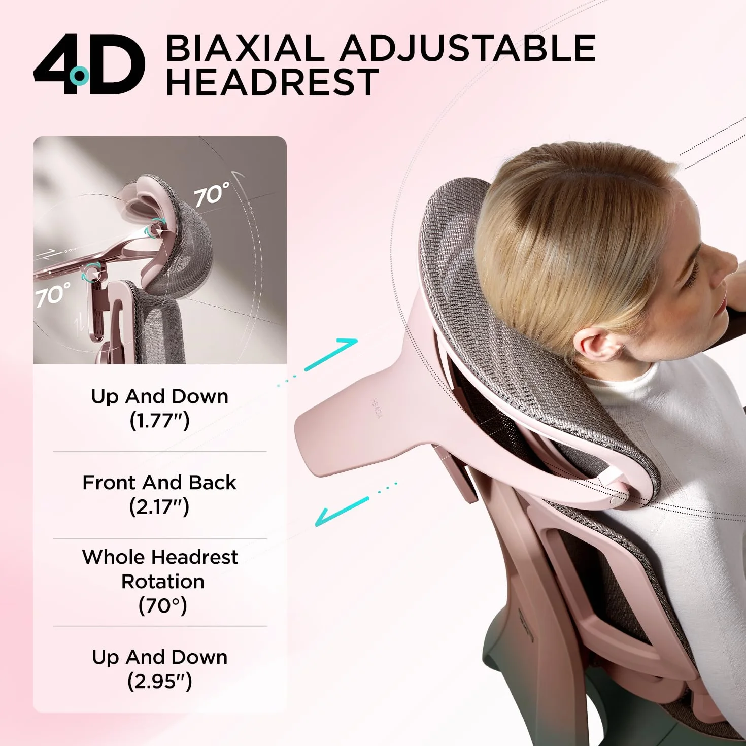 Hbada E3 Pro Ergonomiczny Fotel Biurowy z Dynamicznym Wsparciem Lędźwiowym 3-Strefowym, Regulowany Zagłówek 4D, Podłokietniki 4D, Podnóżek, Różowy