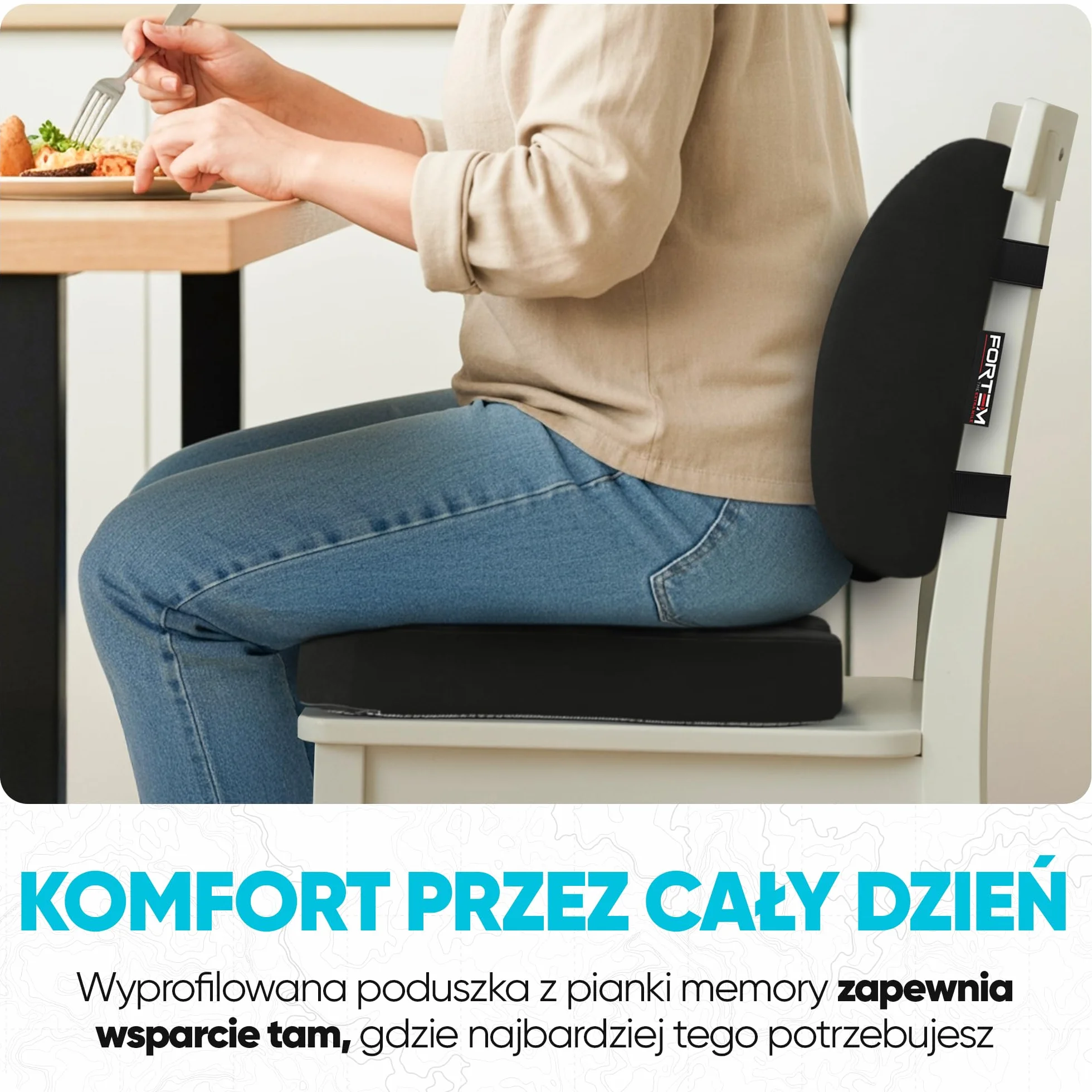 FORTEM Poduszka na krzesło biurowe z pianki memory, antypoślizgowe siedzisko i oparcie lędźwiowe