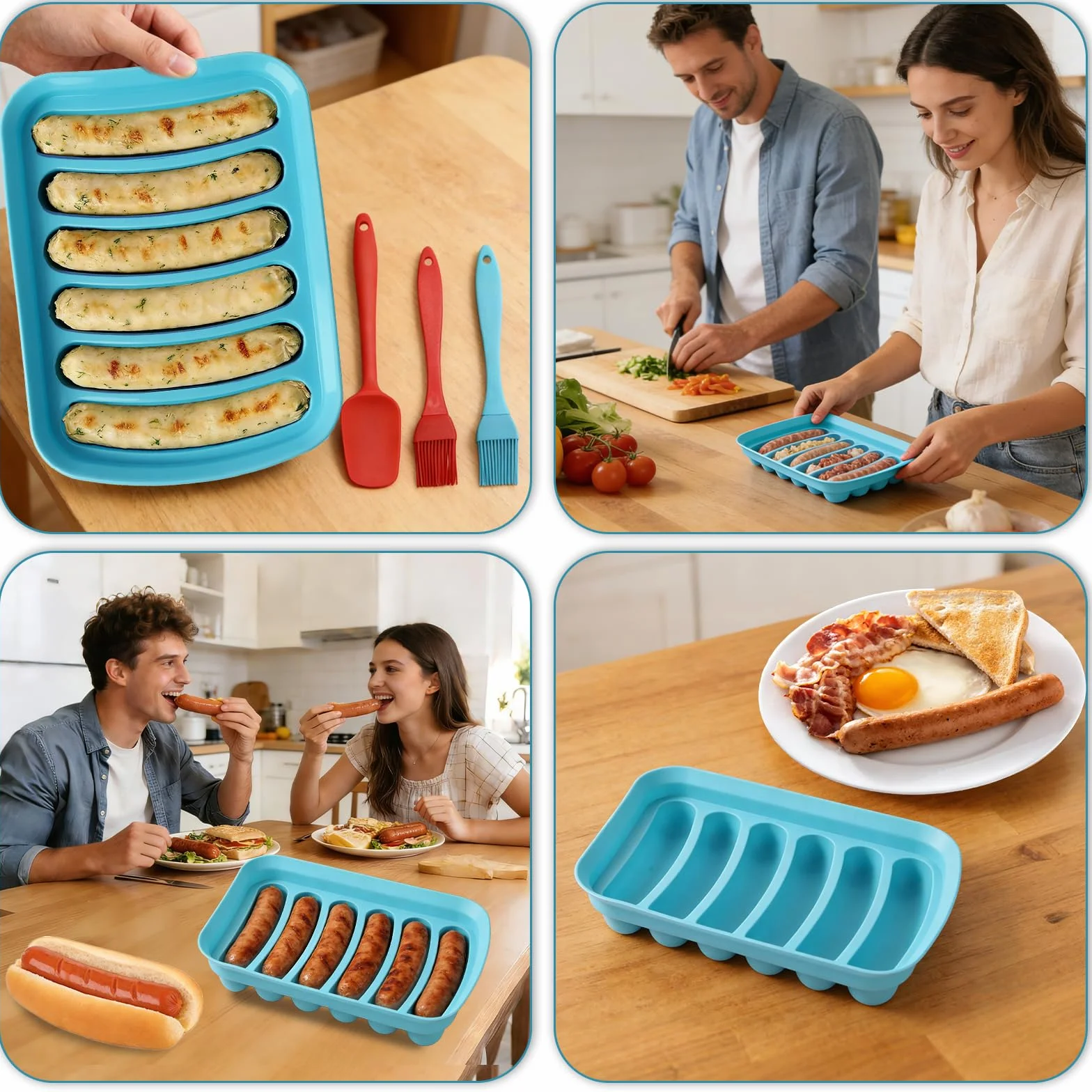 Silikonowe formy do kiełbasy 6-wnękowe nieprzywierające zestaw do hotdogów z pędzlami i łyżką