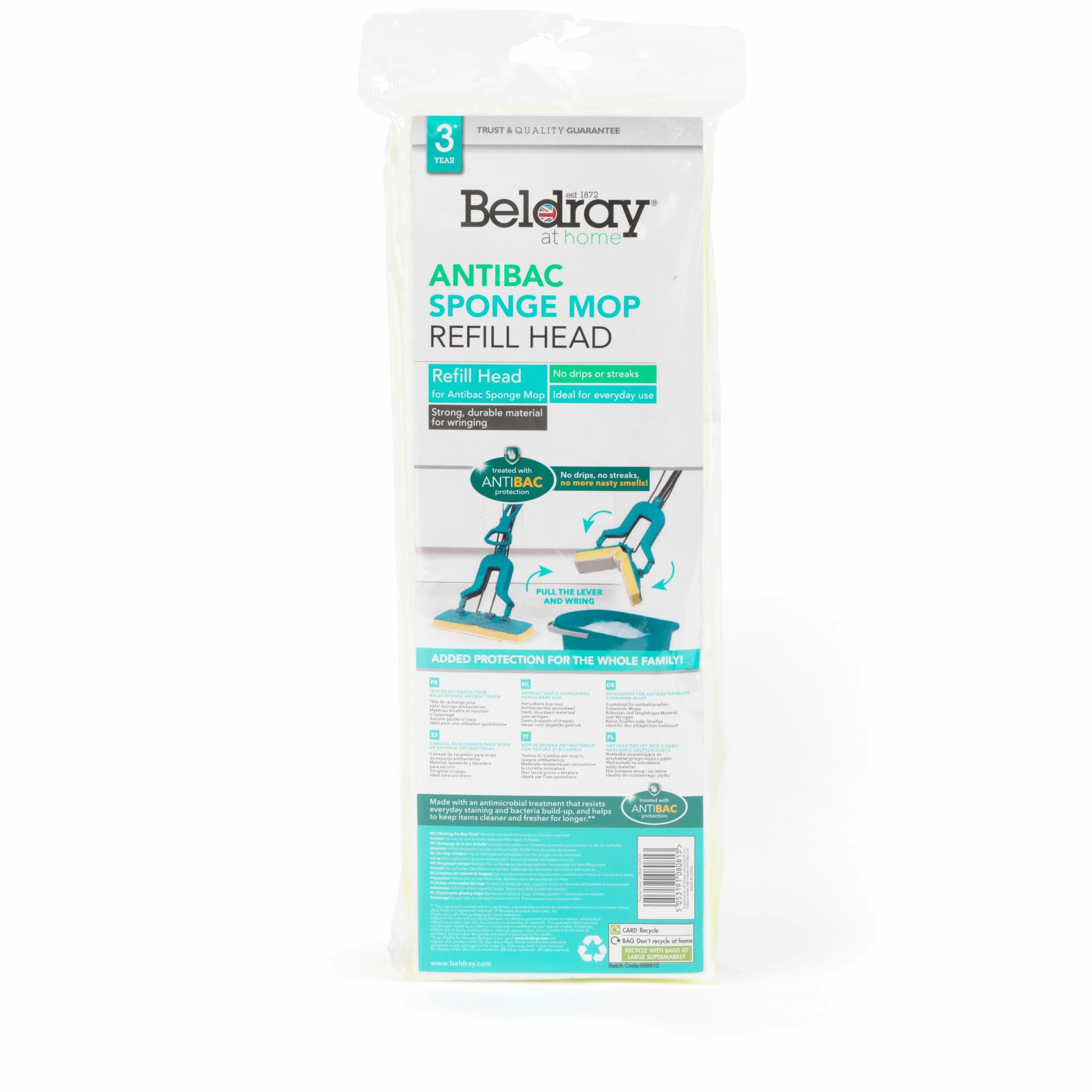 Beldray® LA080813UFEU7 Anti-Bac Sponge Refill Mop Head | Fits Mop LA026477| Treated with Anti-Bac Protection | Highly Absorbent