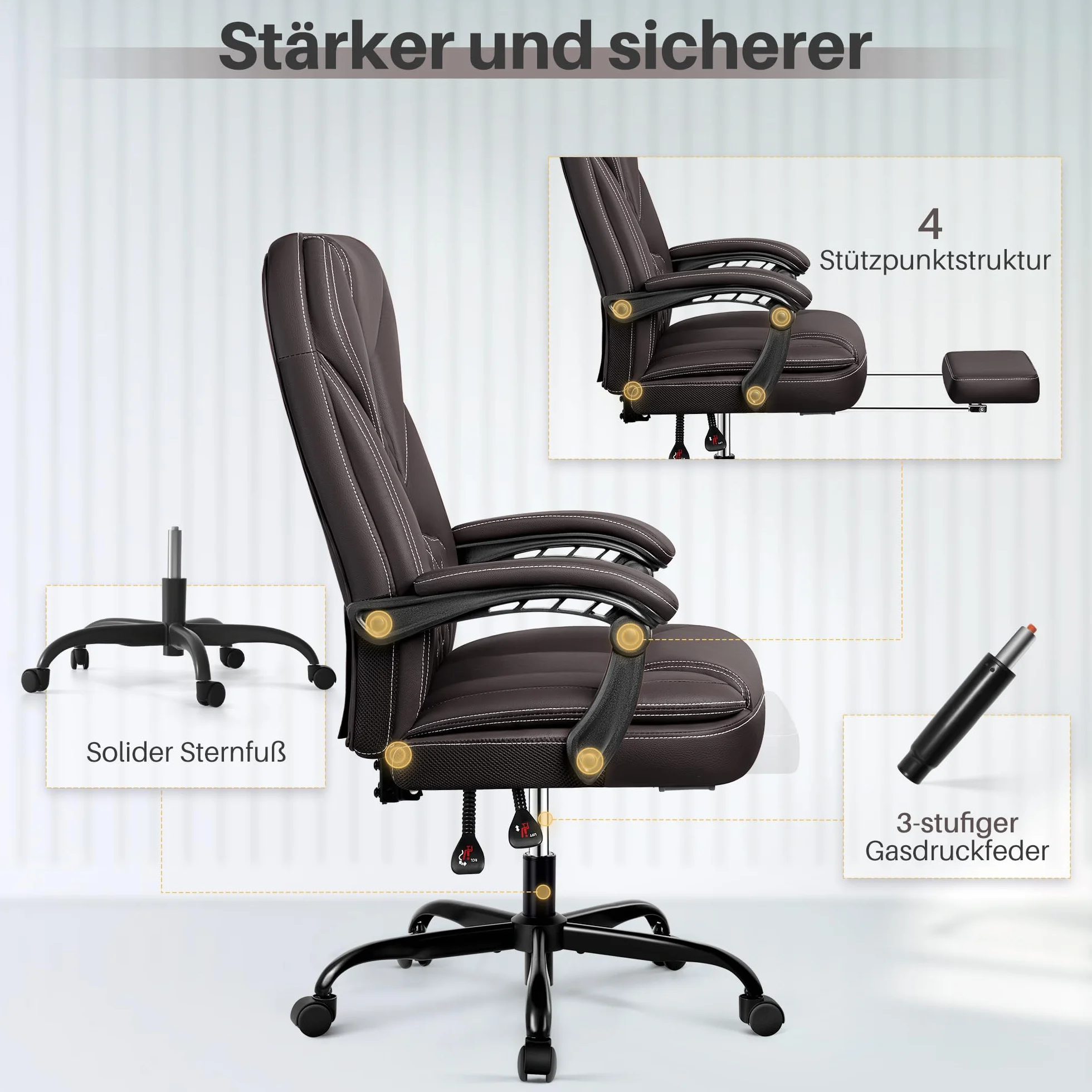 Ergonomiczne krzesło biurowe 140° z podnóżkiem, zagłówkiem, funkcja przechylania, krzesło obrotowe, fotel szefa, sztuczna skóra, 150 kg, kolor kawowy
