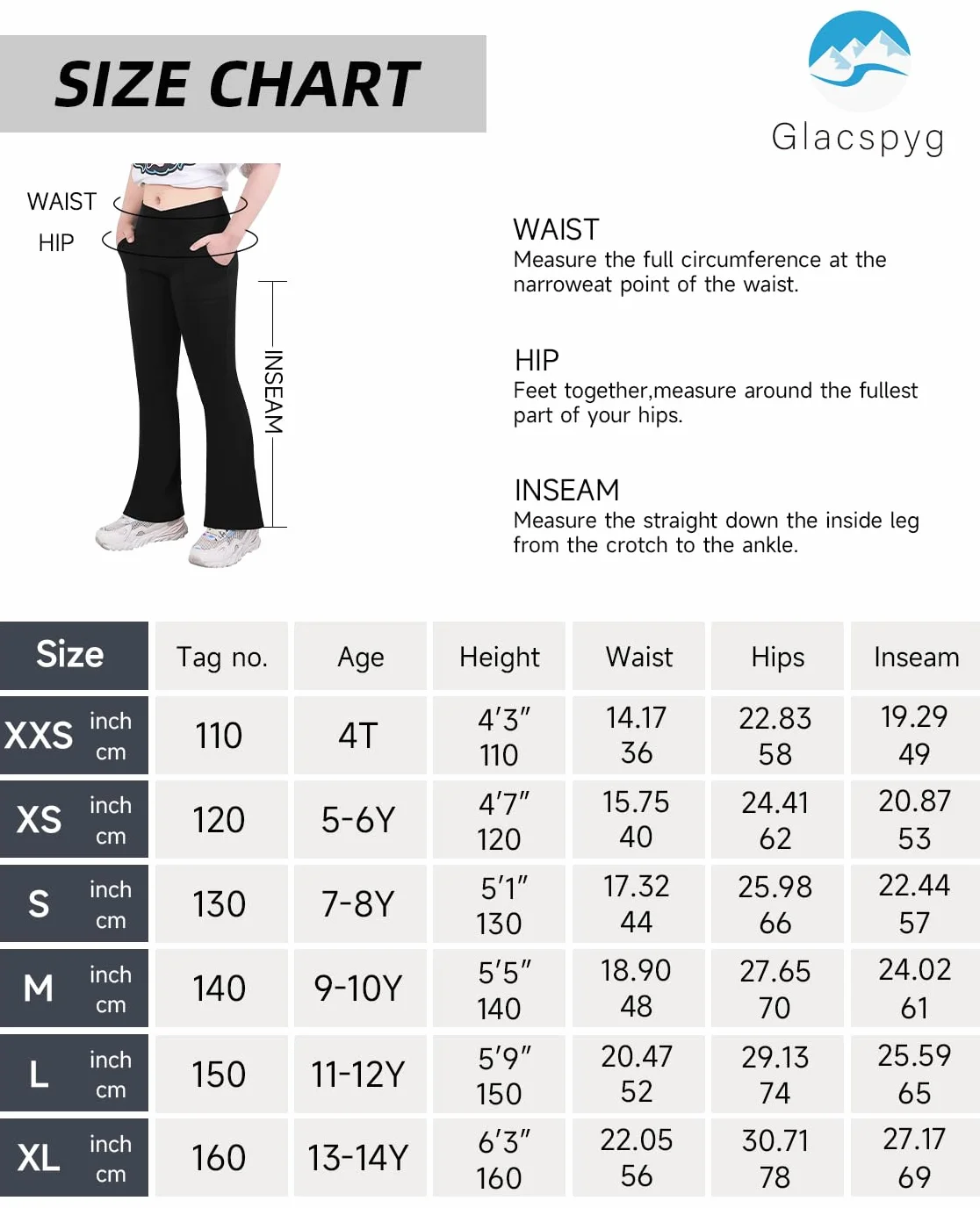 Glacspyg Dziewczęce legginsy z kieszeniami, spodnie do jogi, rozkloszowane spodnie do jogi