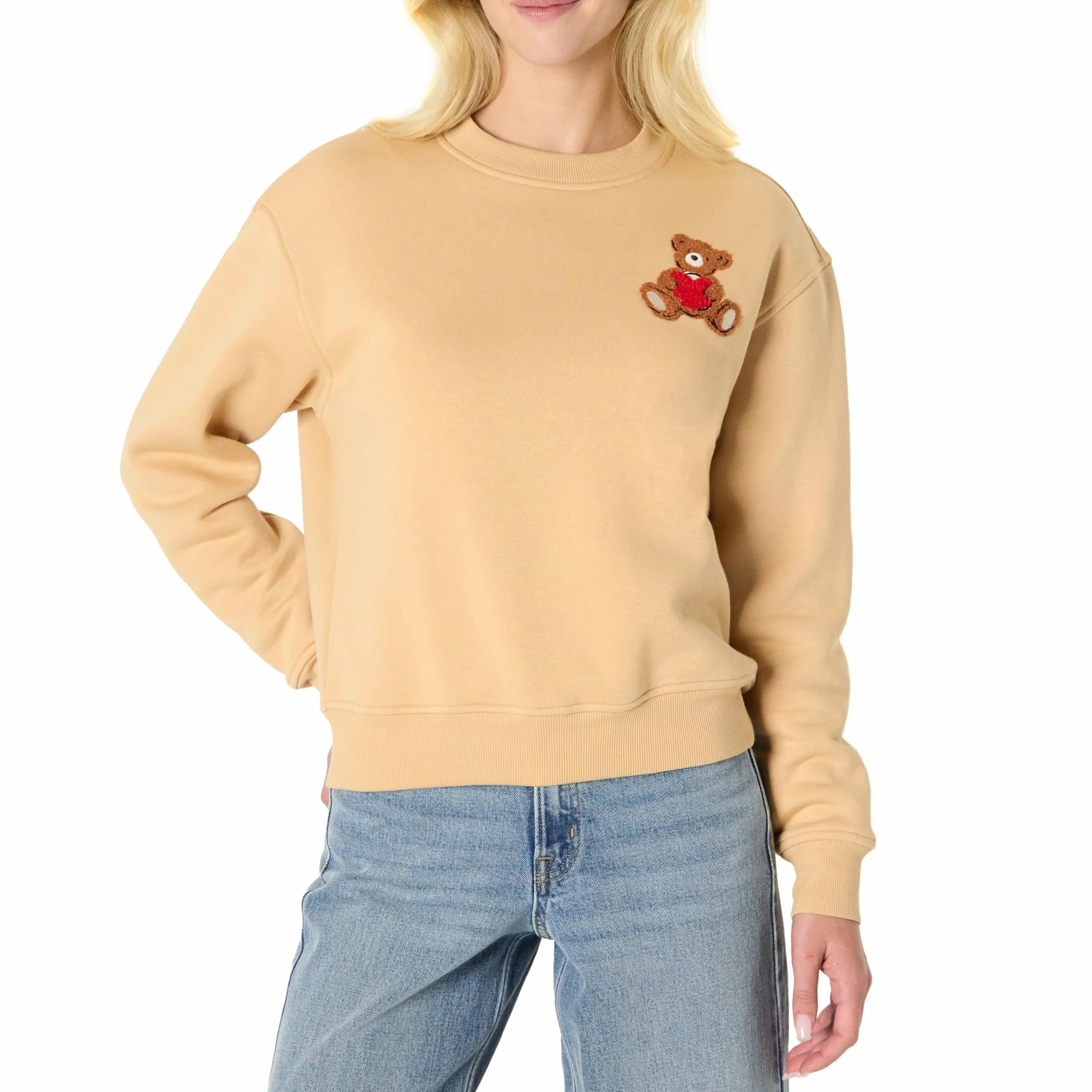 Amazon Essentials x Sofia Grainge Damska bluza z okrągłym dekoltem Boxy Drop Shoulder Crewneck, Light Camel Bear Heart, S