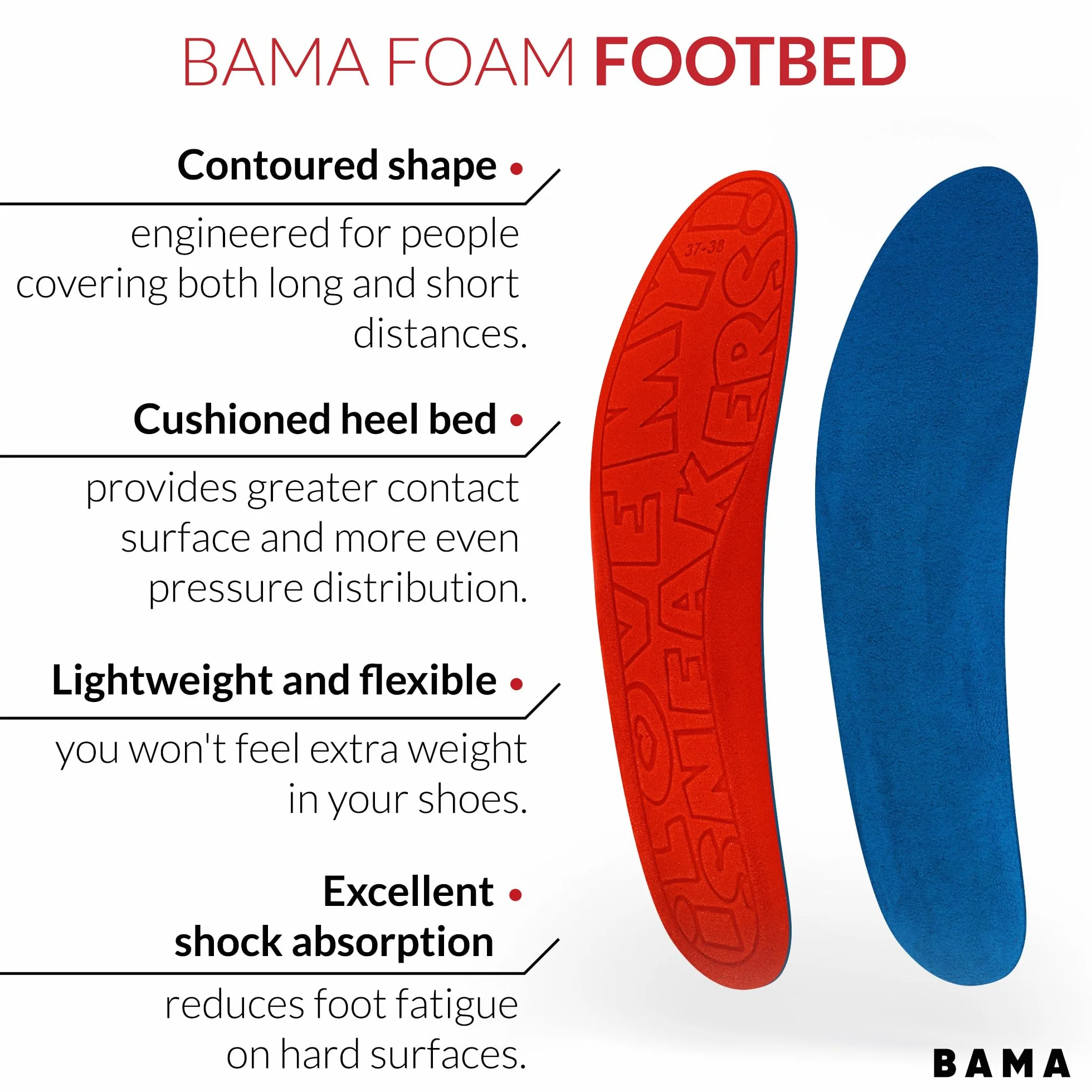 Wkładki do Butów Bama Foam Footbed - Wygodne Wkładki do Butów Sportowych, Trampek i Butów Codziennych Oddychające z Dodatkową Pianką Amortyzującą 1 Para - 41/42 EUR