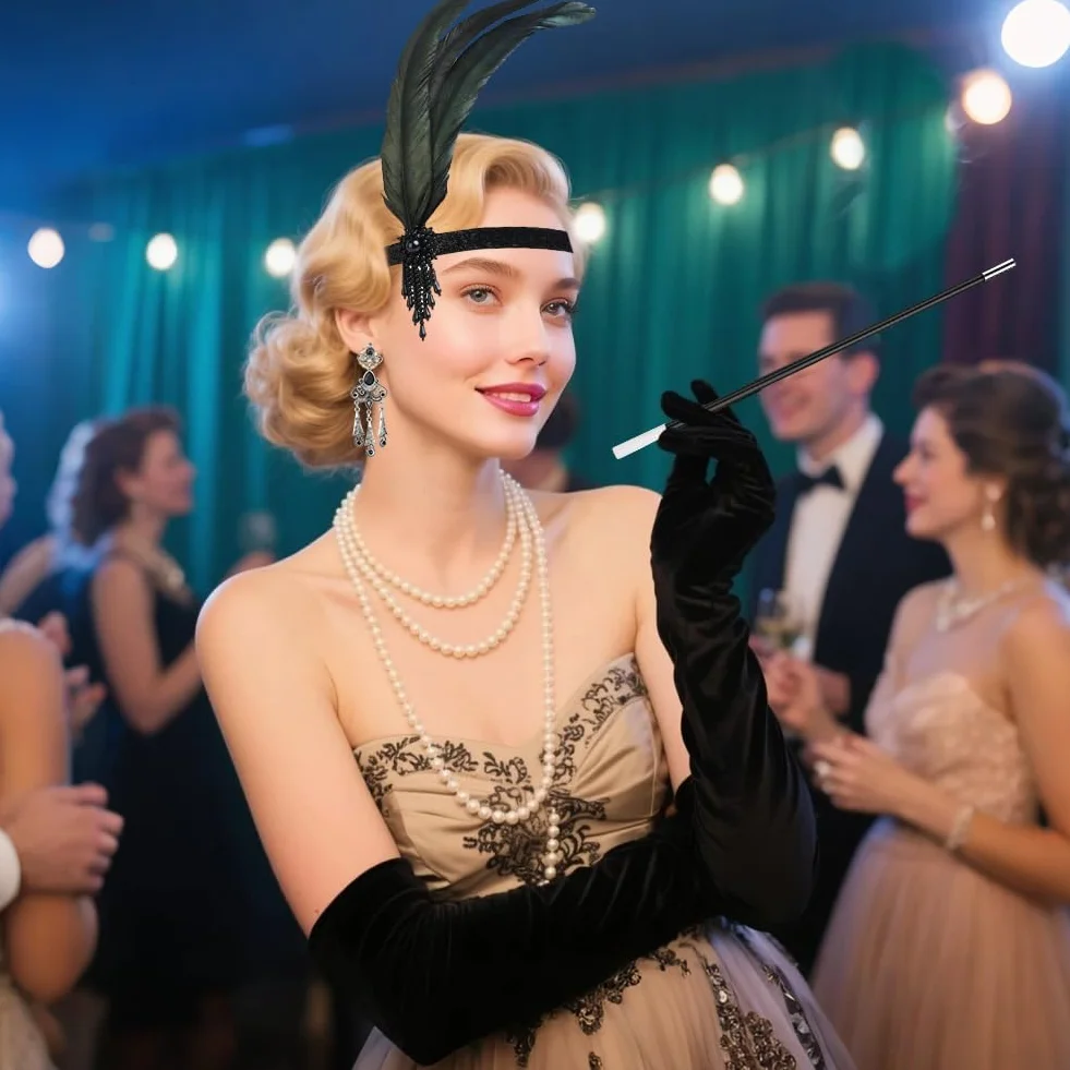 Akcesoria damskie 20-te z lat 20. XX wieku, akcesoria dla kobiet, duży zestaw kostiumów Gatsby, kolczyki z pałąkiem z lat 20. XX wieku naszyjnik z pereł klapki rękawiczki i pałąk papierosowy