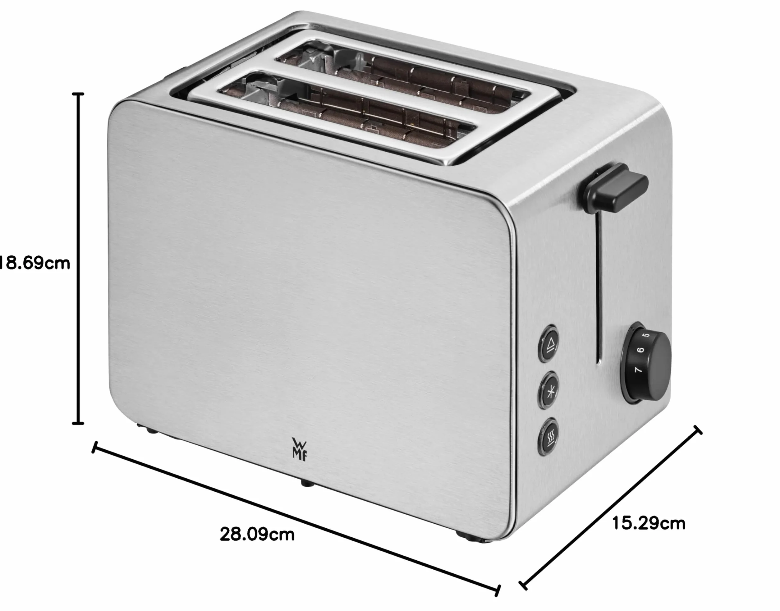 WMF Stelio toster 2 kromki, stali nierdzewnej, podwójny otwór, nasadka do bułek, funkcja bajgla, 7 poziomów opiekania, 900 W