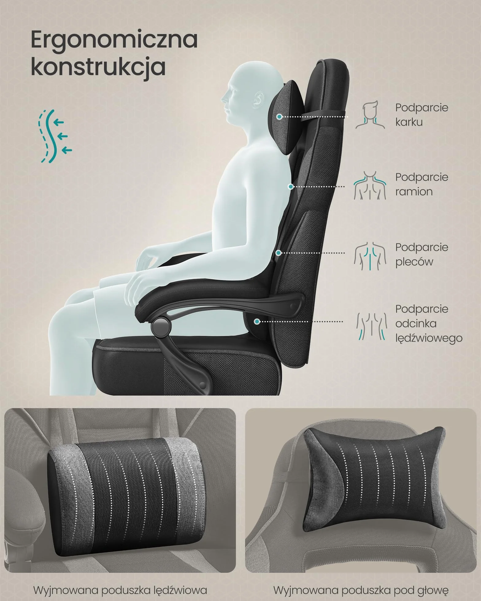 SONGMICS Fotel gamingowy, fotel biurowy z podnóżkiem, fotel biurowy z zagłówkiem i podparciem lędźwiowym, regulowana wysokość, ergonomiczny, nośność do 150 kg, kolor atramentowo-szary OBG073BH20