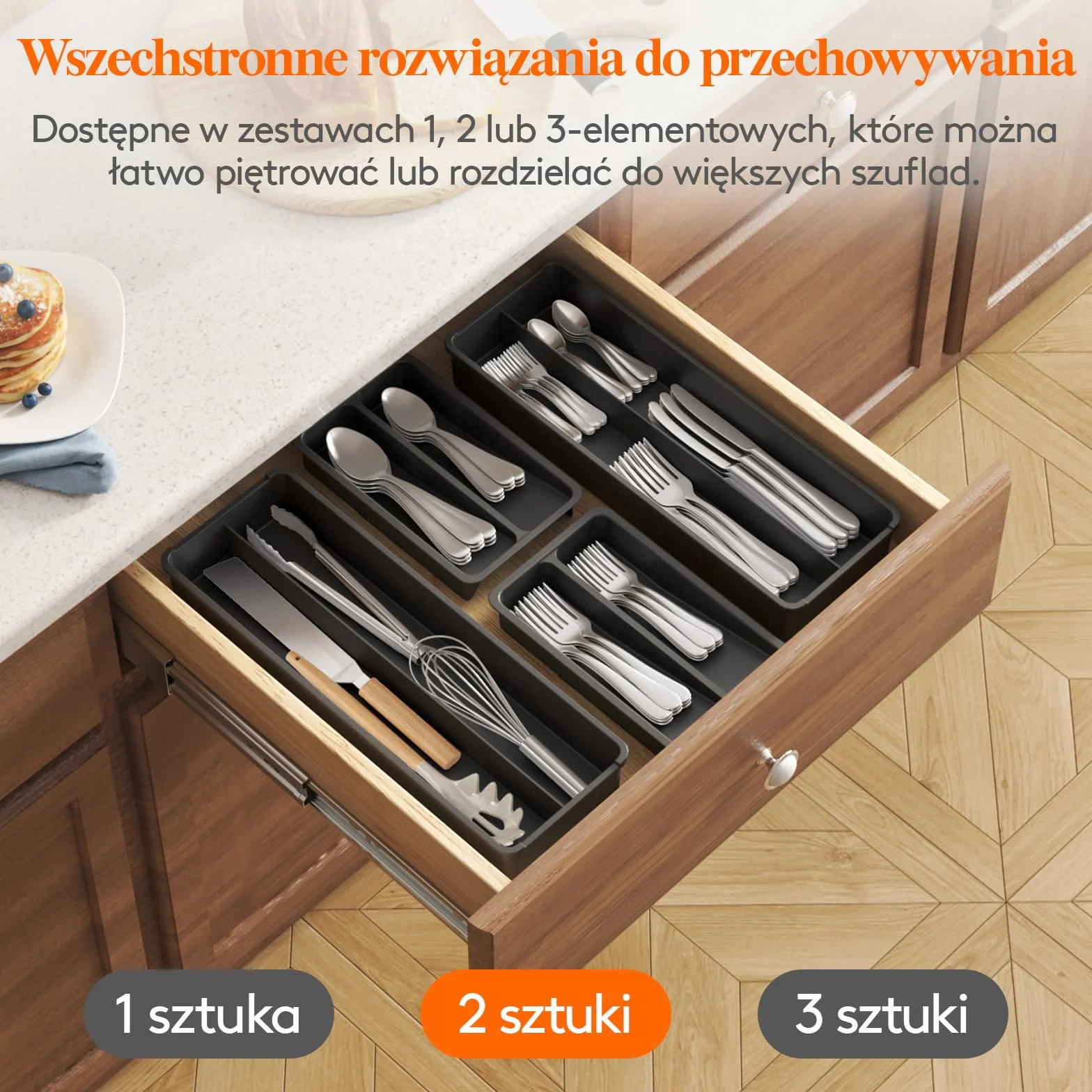 Lifewit 2 szt. kompaktowy pojemnik na sztućce, 42 x 14,5 x 6 cm, szuflada z 4 półkami i koszem na sztućce, kolor czarny