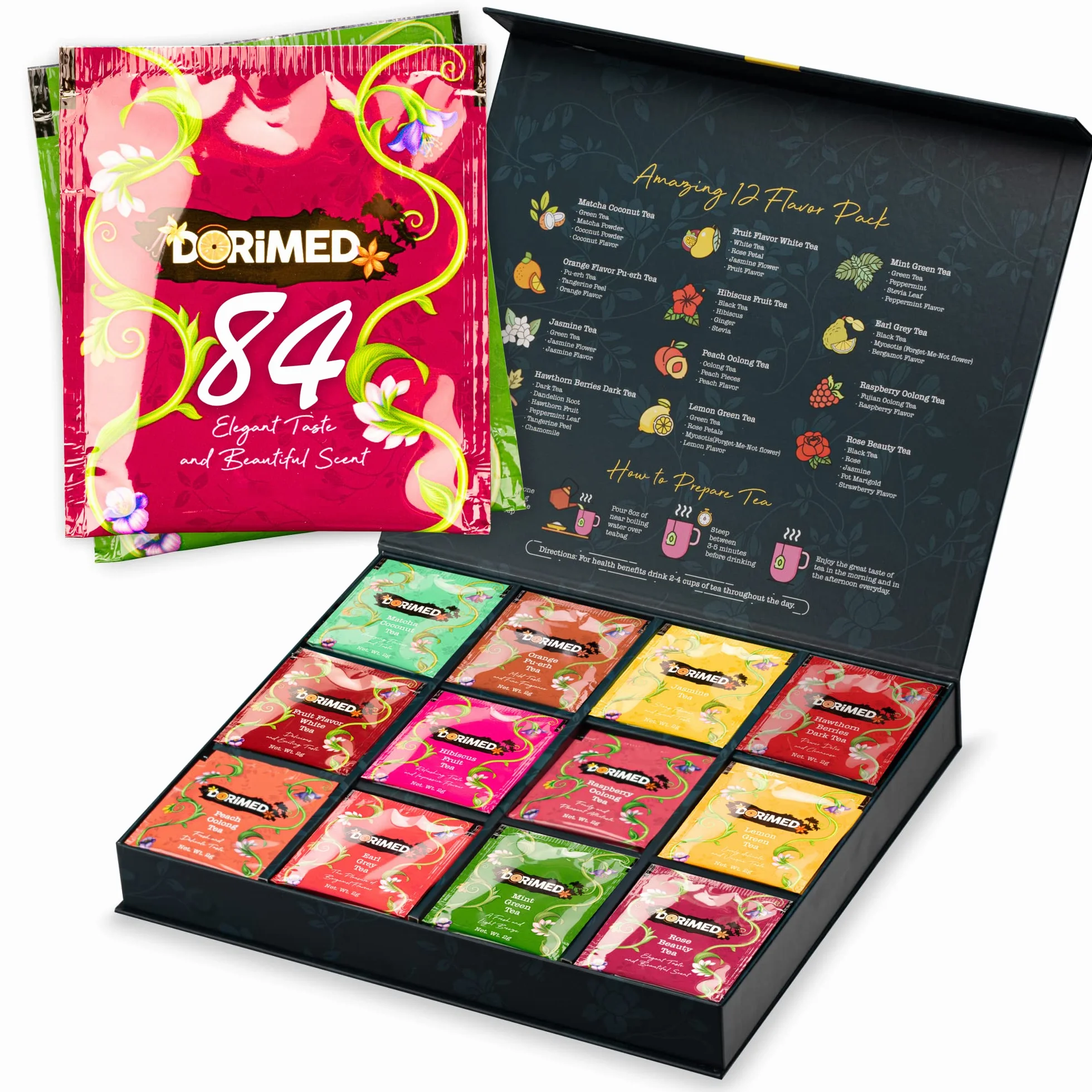 Zestaw 12 herbat i naparów Smakowe 84 saszetki Czarny Biały Zielony Matcha Earl Grey Oolong Pu-Erh Upominkowy Herbaty ziołowe