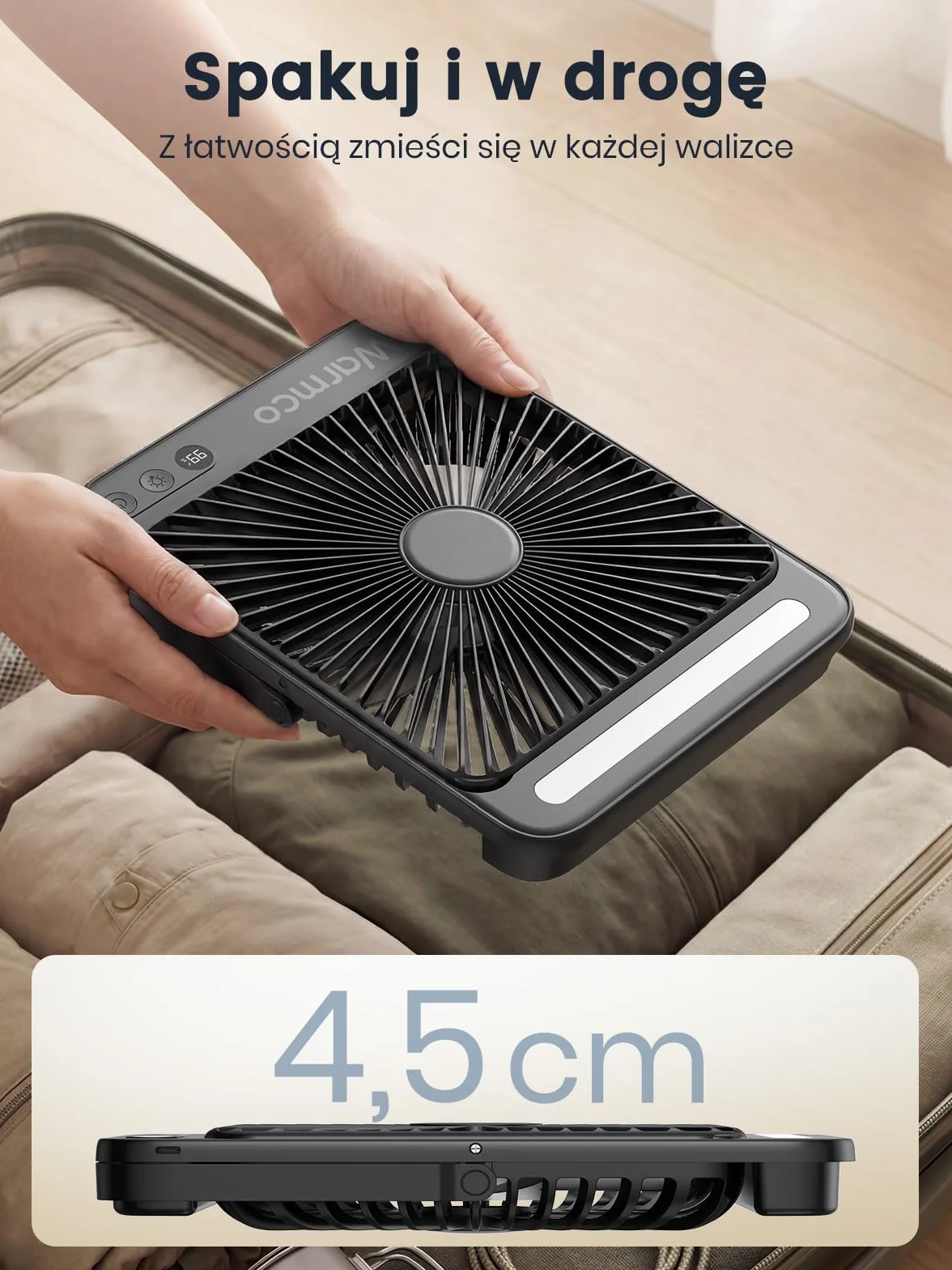 Warmco Wentylator Kempingowy 20000mAh Akumulatorowy, Płaski Wysokość 27cm z Lampką LED, Czas Pracy 48h, Przenośny Wiatrak do Namiotu, Podróży, Na Zewnątrz