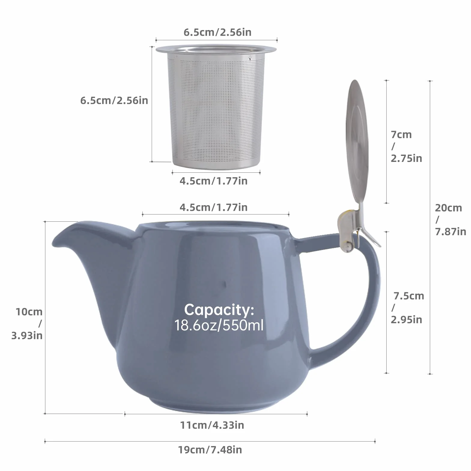 VIVILINEN Porcelanowy czajniczek z pokrywkami SLS i wyjmowanym zaparzaczem, 550ml/18,6oz ceramiczny czajniczek pień do kwitnącej i luźnej herbaty liściastej, szary