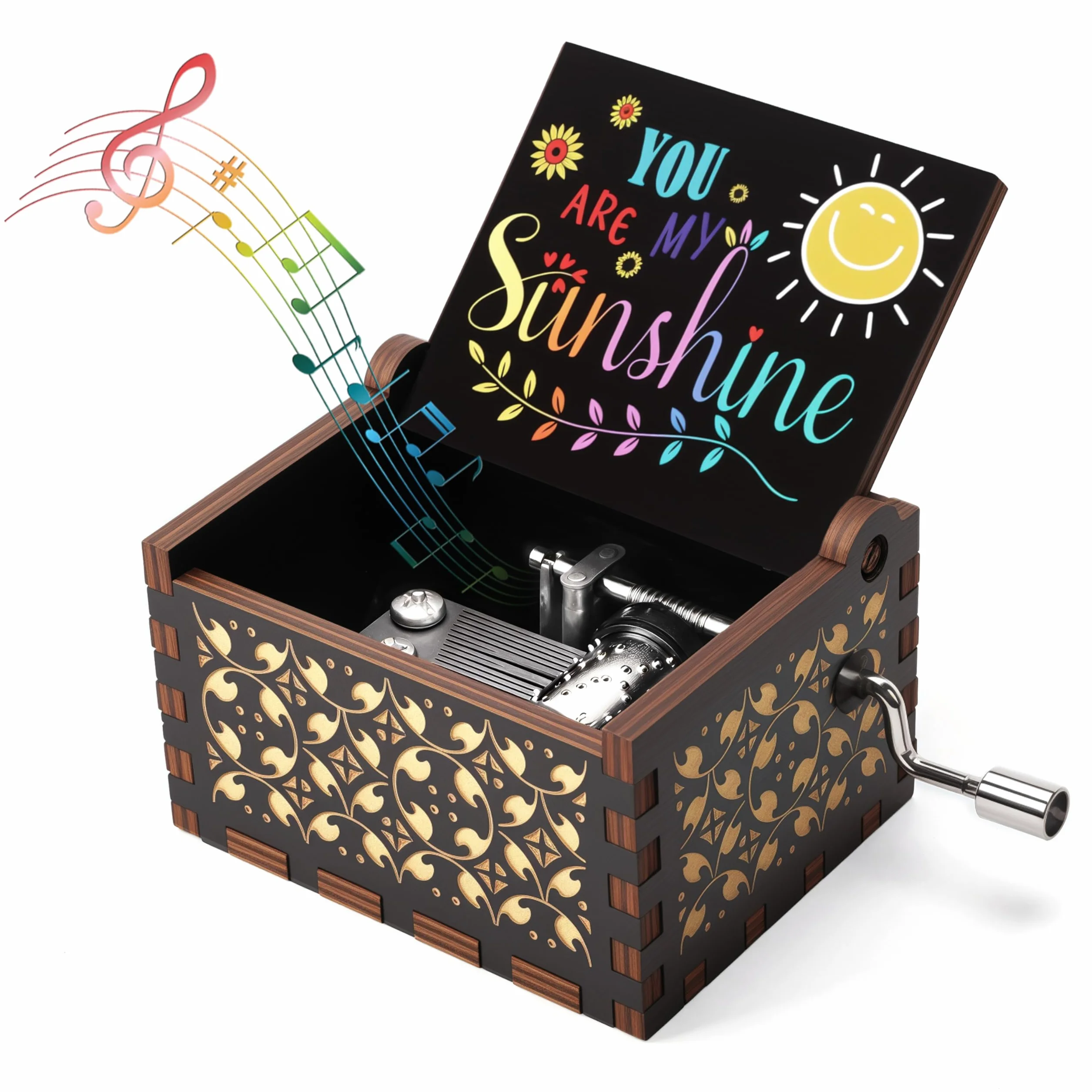 Drewniana pozytywka grawerowana laserowo vintage drewniana korba ręczna czarne pozytywki rocznica urodziny dla dzieci przyjaciół rodziny, You Are My Sunshine