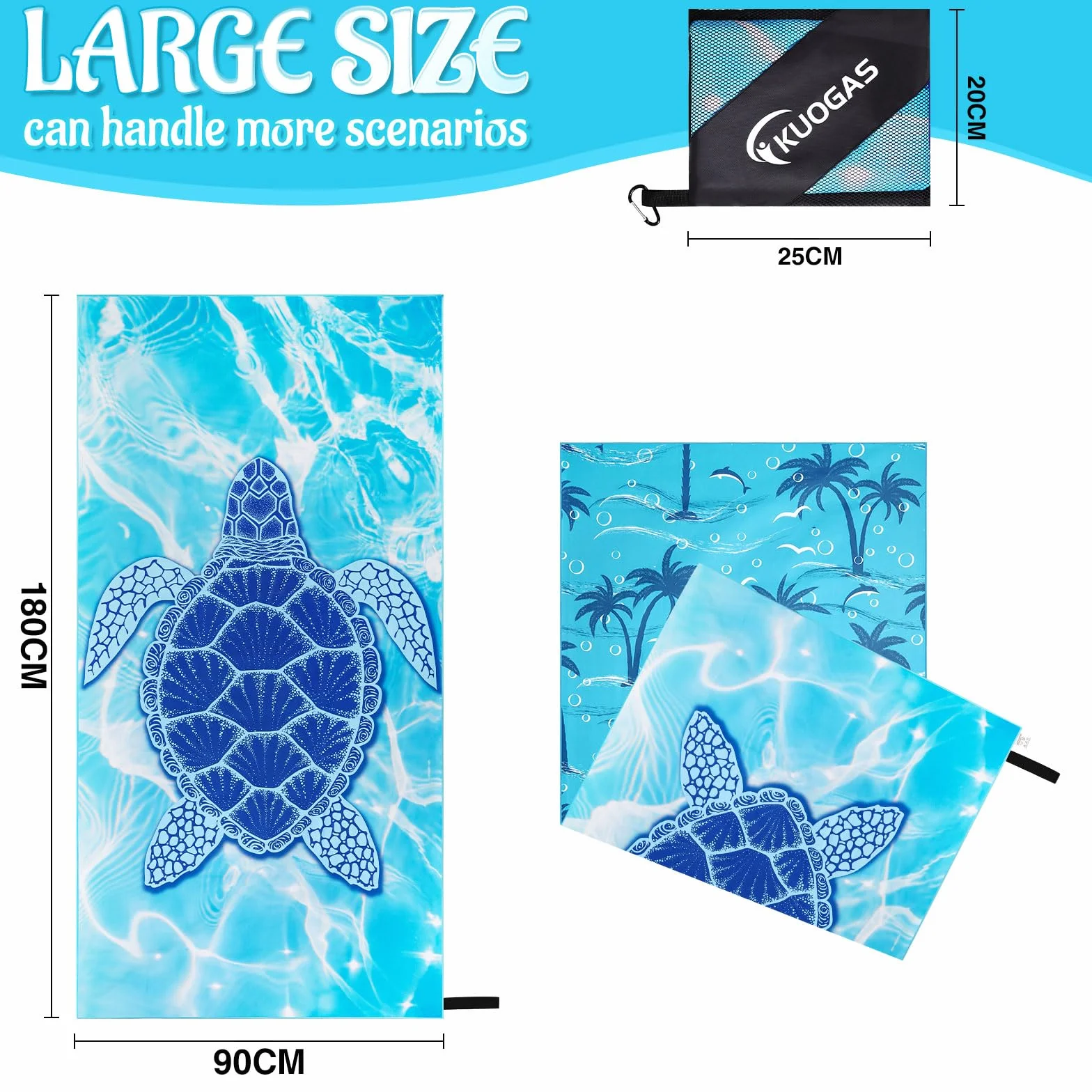 Ręcznik plażowy XXL, 90 x 180, duży ręcznik z mikrofibry, szybkoschnący, bez piasku, koc plażowy, damski (niebieski żółw)