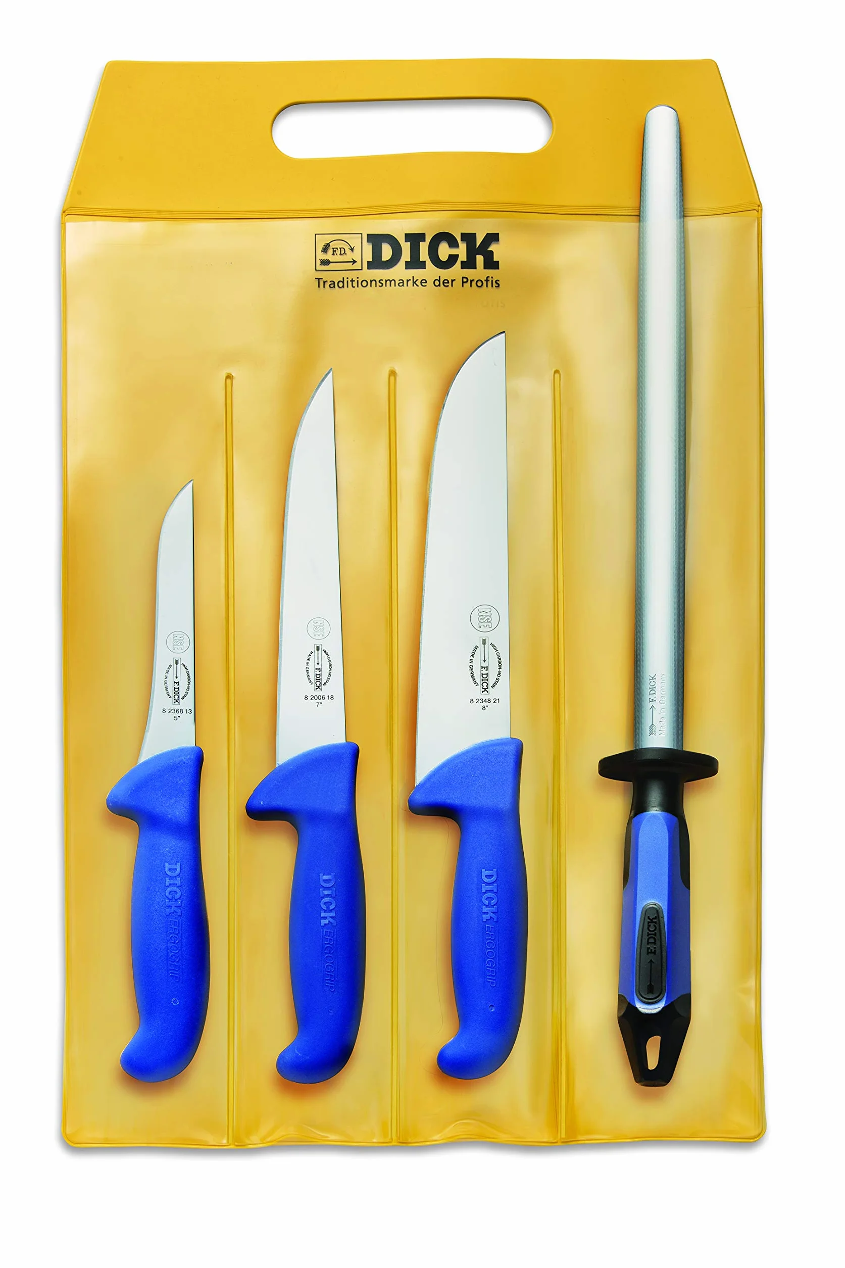 F. DICK Zestaw noży ErgoGrip 4-częściowy 13 cm 18 cm 21 cm HRC 56 niebieski