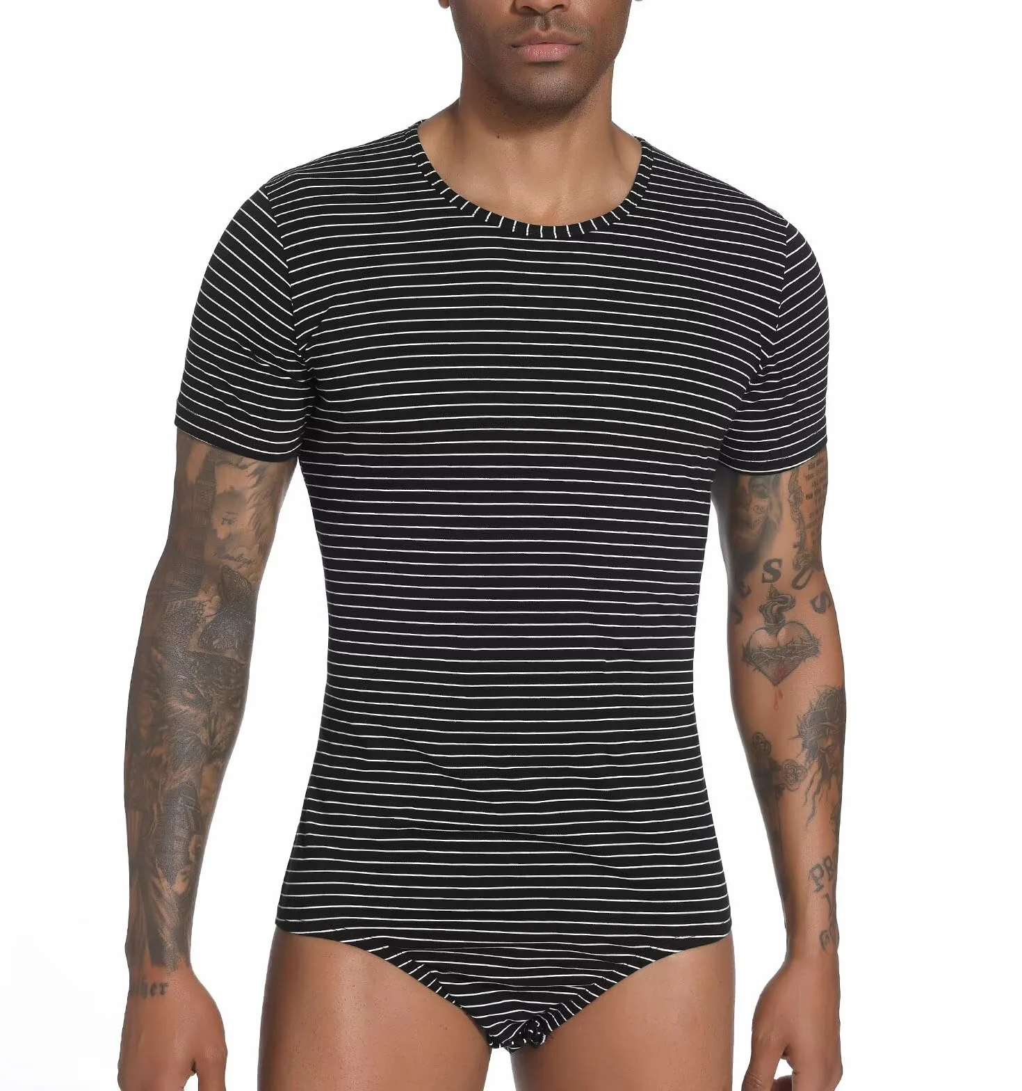 Landofgenie Mężczyźni Kurzarm Bodysuit Press Botton Crotch Shirt Piżama Bodysuit Leotard Top Strappler