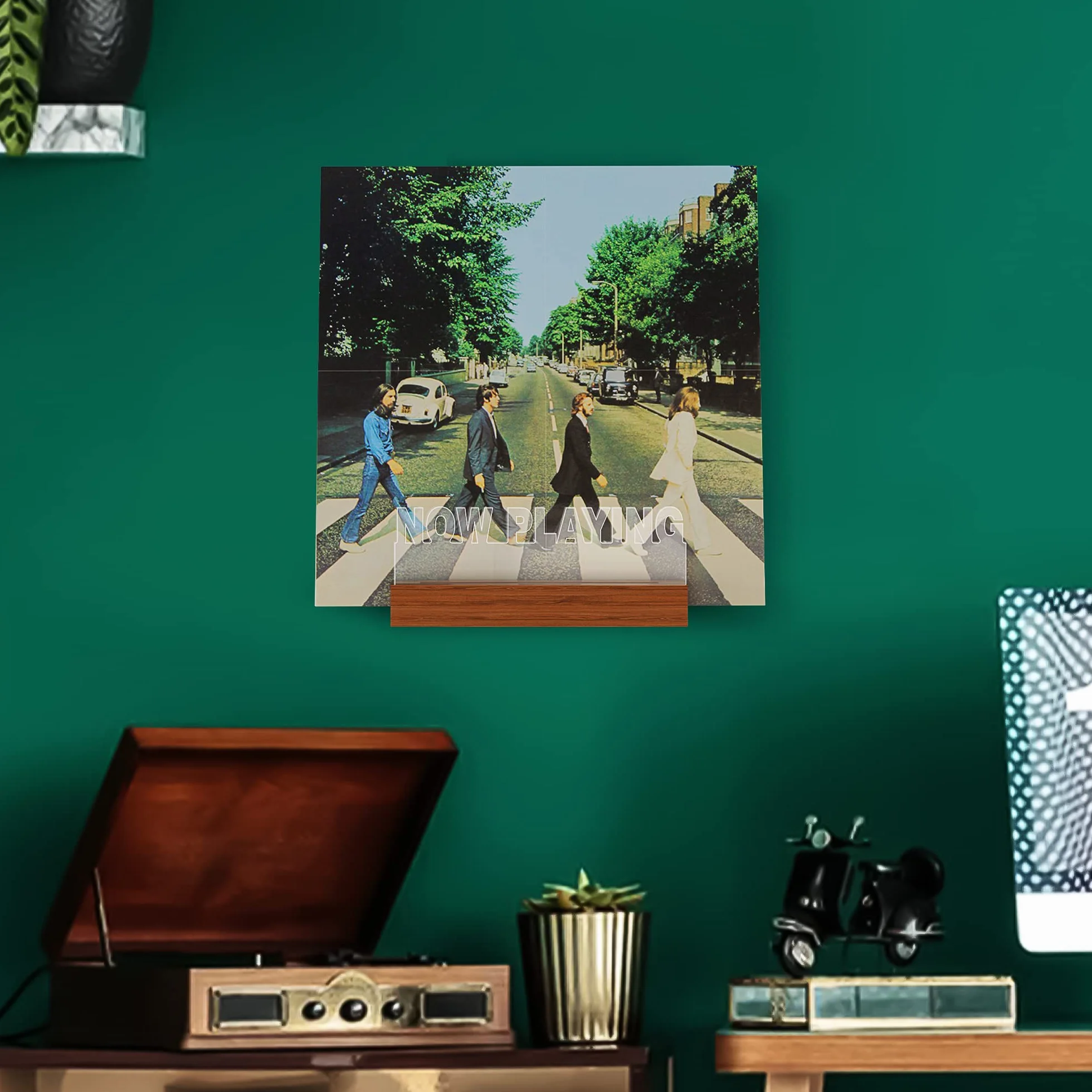 Vinyl Record Stojak ścienny drewniany akrylowy uchwyt do przechowywania z ciepłym białym światłem