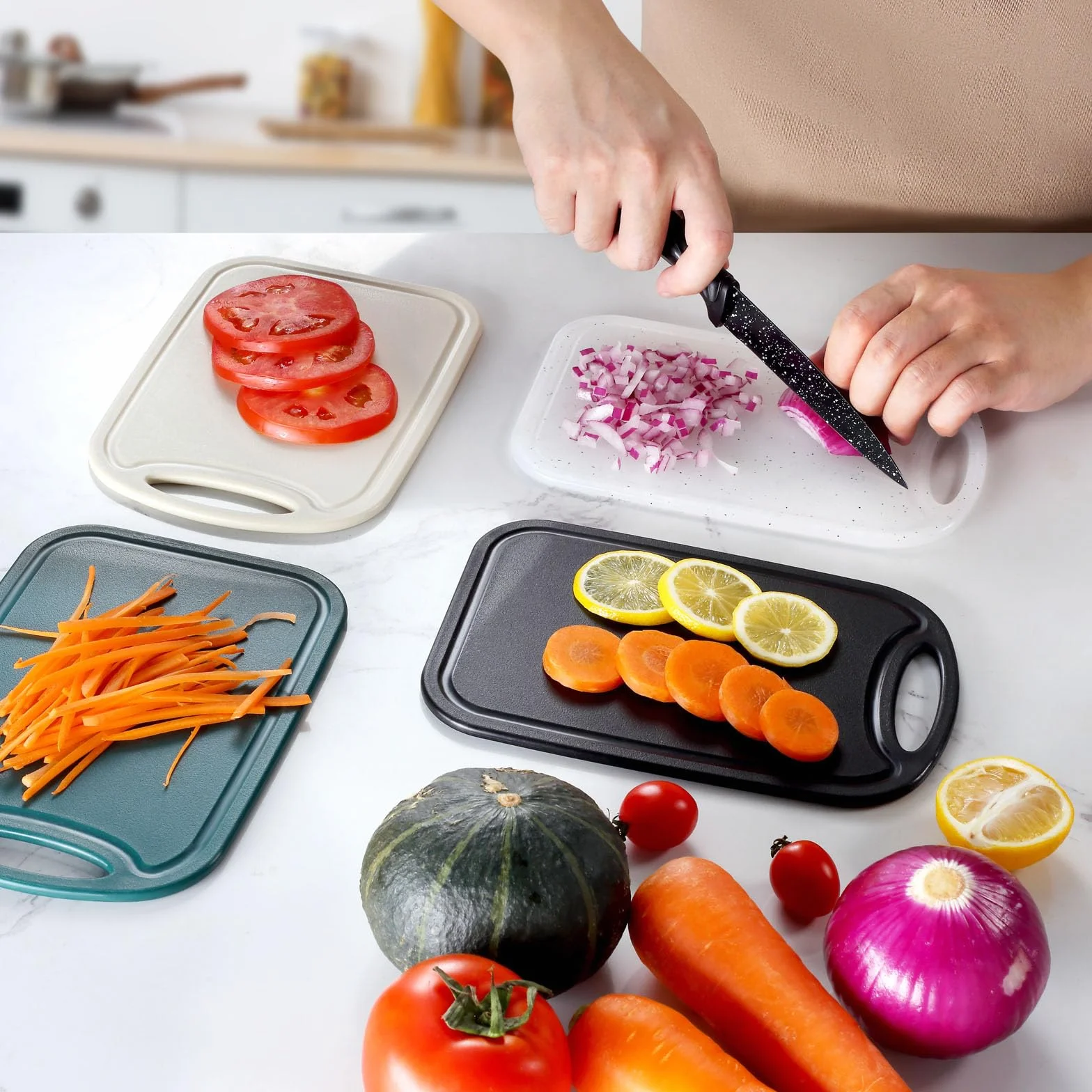 hunnycook deska śniadaniowa, zestaw 6 sztuk, z rowkiem na sok, antybakteryjna, z tworzywa sztucznego, antypoślizgowa, bez BPA, mała, kremowa, z tworzywa sztucznego, nadaje się do mycia w zmywarce
