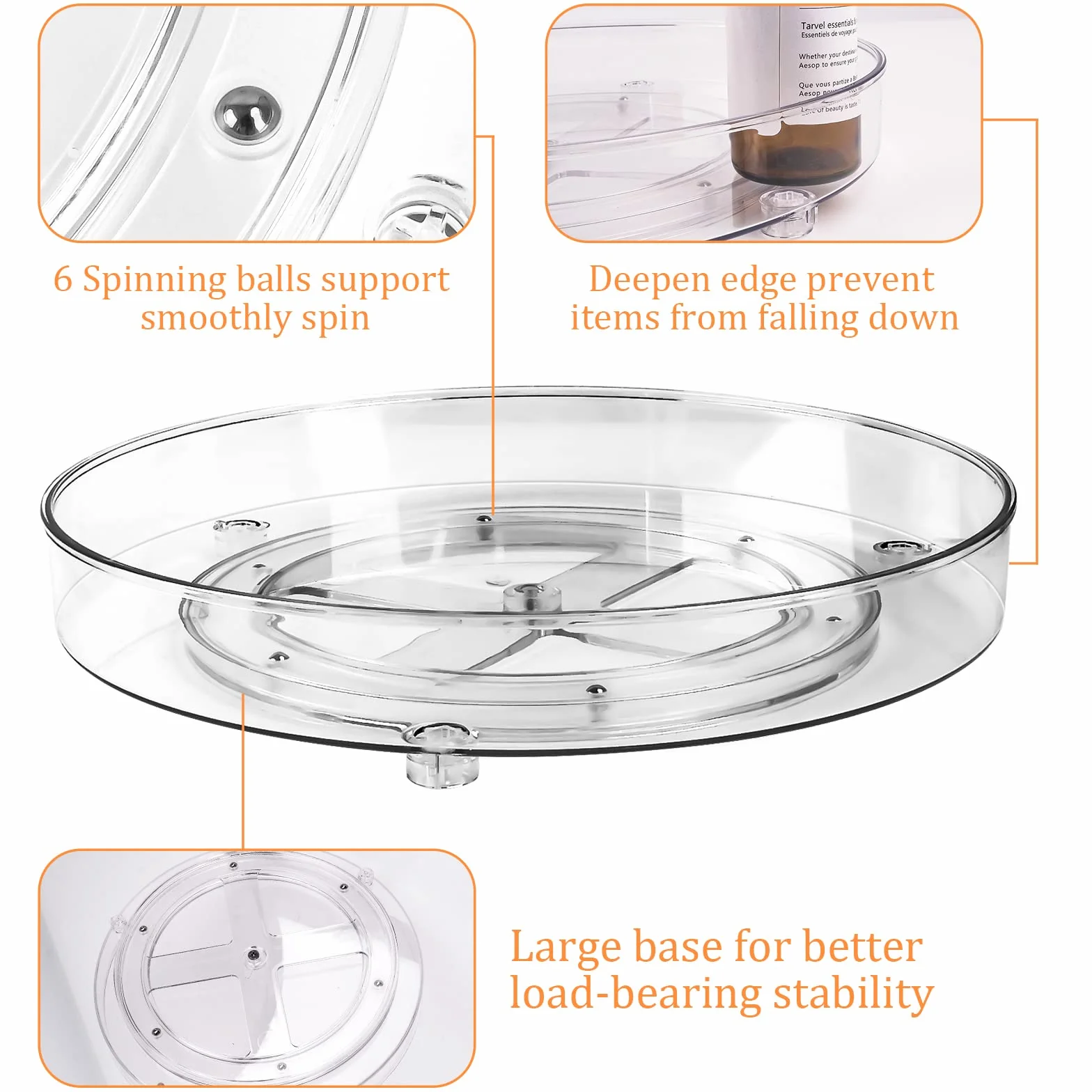 TUFA Lazy Susan Obrotowa taca na lodówkę 23,5 i 27 cm, taca obrotowa 360° przezroczysta