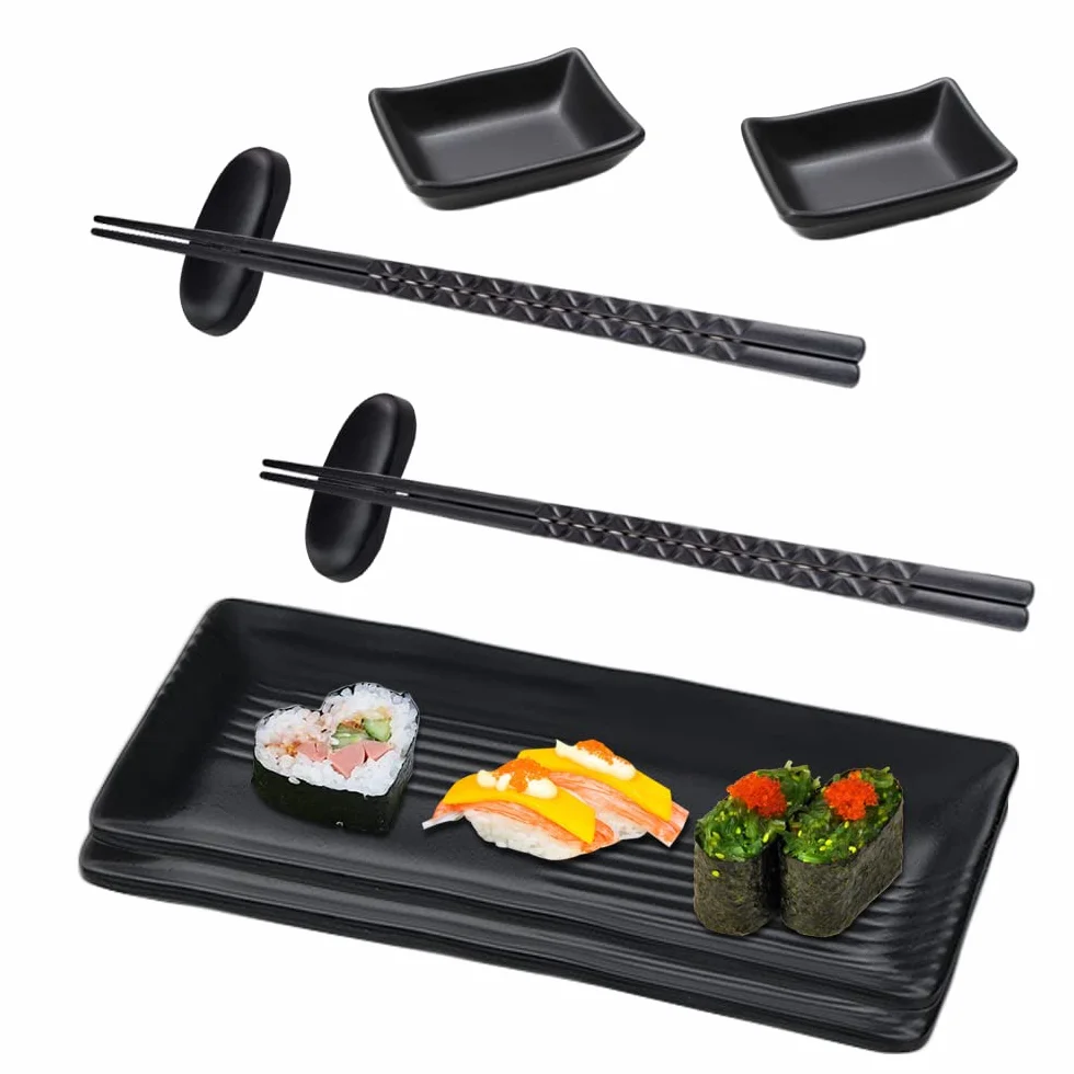 ACONDE Zestaw do Sushi: Talerz z Miseczkami do Dipów, Naczynia z 2 Parami Pałeczek, 2 Półki na Pałeczki, 2 Talerze - Czarny