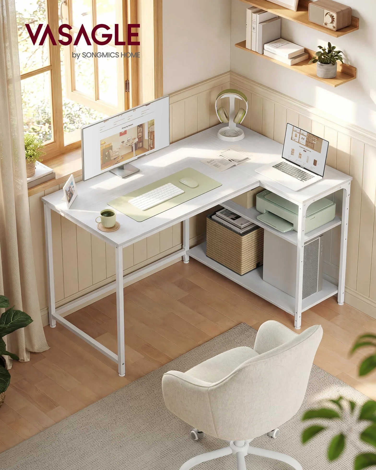 VASAGLE Biurko narożne w kształcie litery L 110 x 80 cm klon biały LWD135WF01