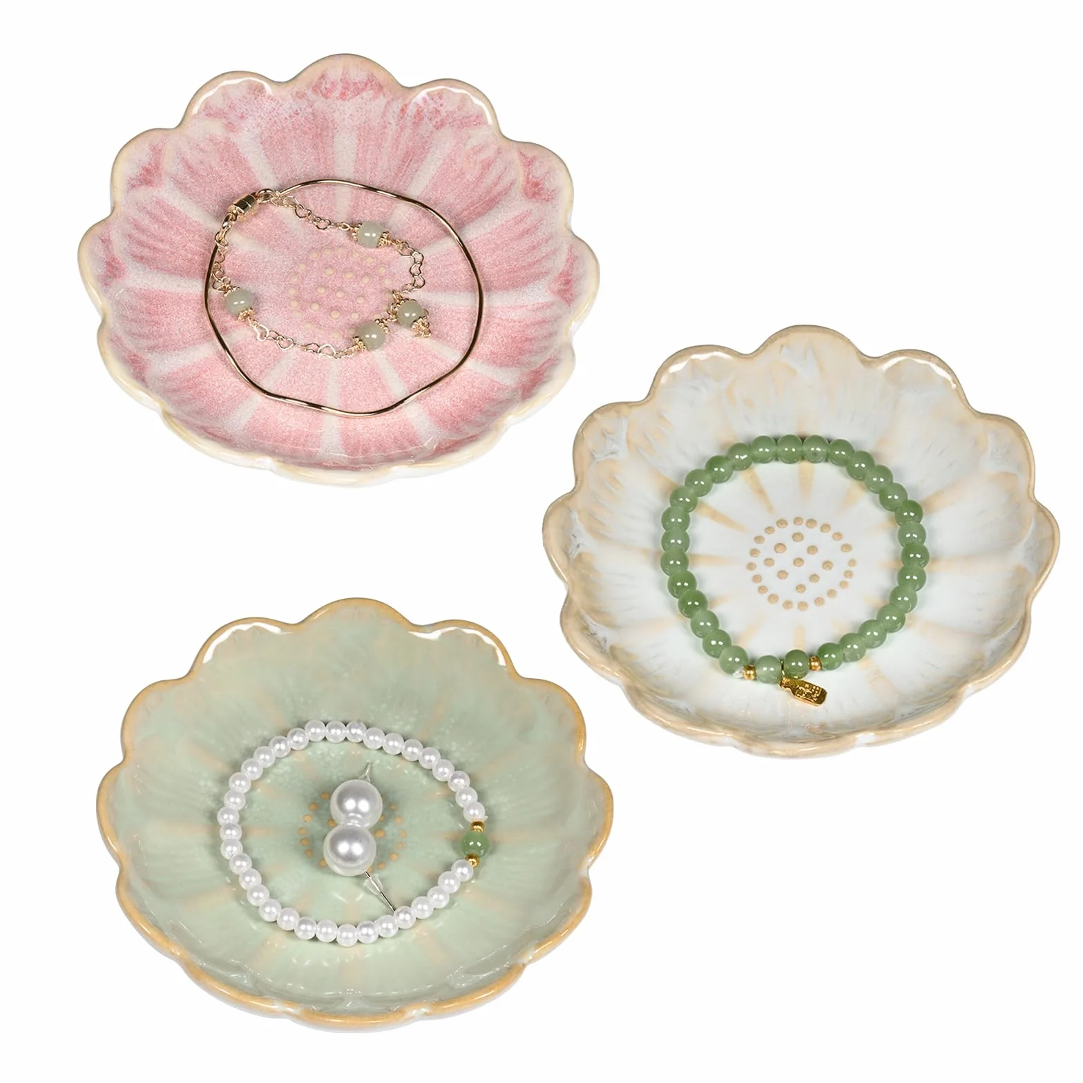 3 Sztuki Ceramicznych Tacek na Biżuterię, Dekoracyjne Naczynka na Drobiazgi, Miseczki w Kształcie Kwiatów na Pierścionki, Naczynia na Biżuterię na Naszyjniki (Różowy + Zielony + Biały)