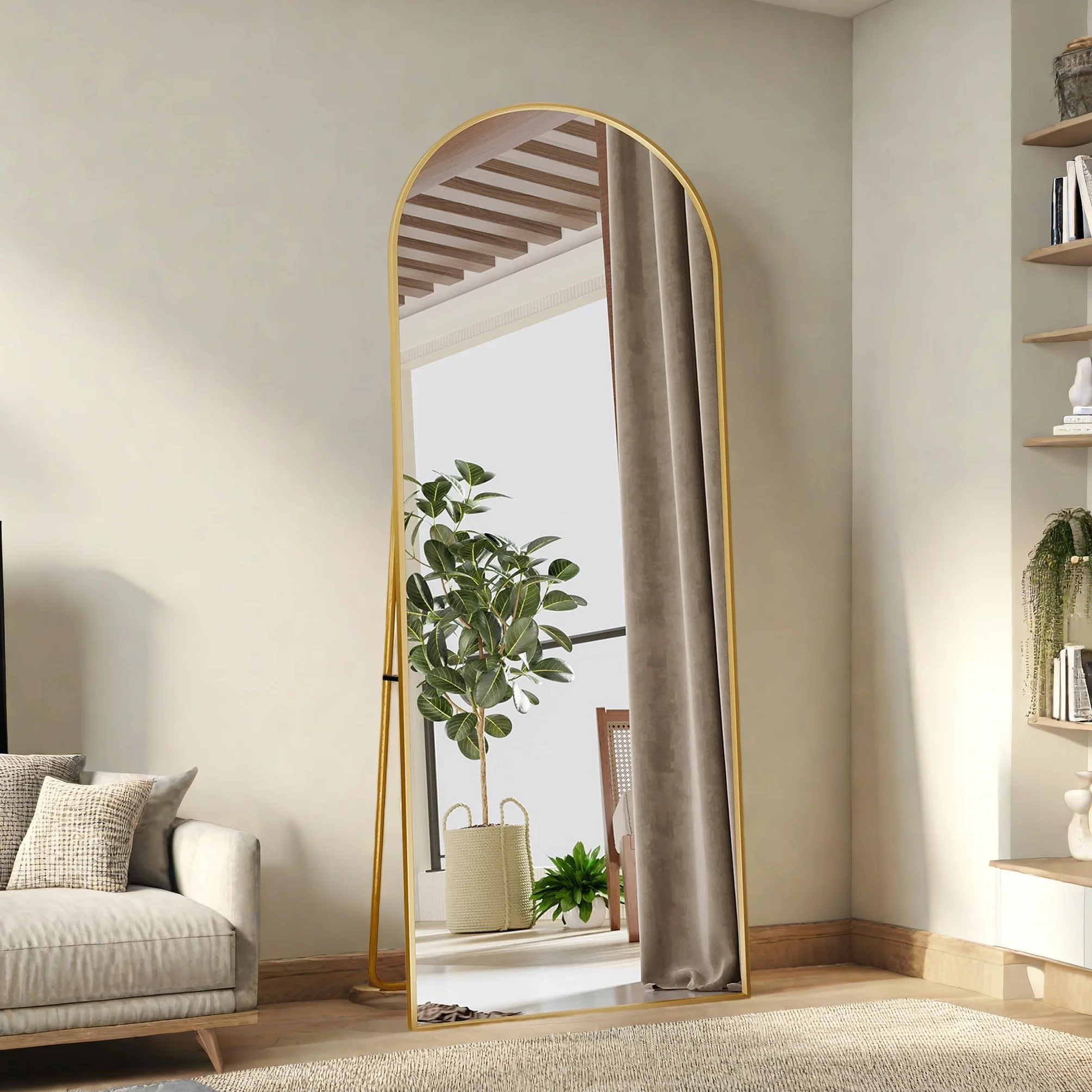 Lustro stojące 160x60 cm rama ze stopu aluminium szkło hartowane złote półokrągłe