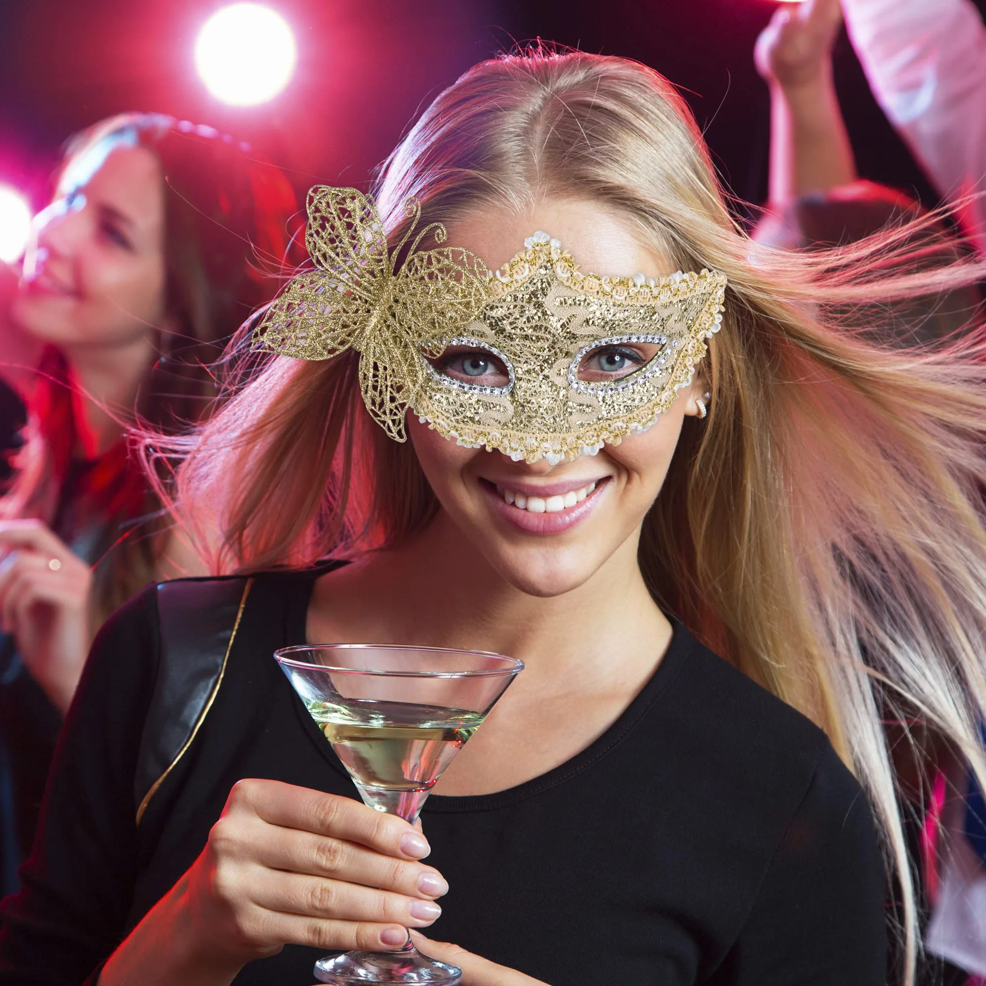 SIQUK Para maskaradowych masek z koronki, wenecka maska na imprezę, plastikowa maska do kostiumu na Halloween, maska z kryształem górskim, Mardi Gras, dla par, kobiet i mężczyzn, złote