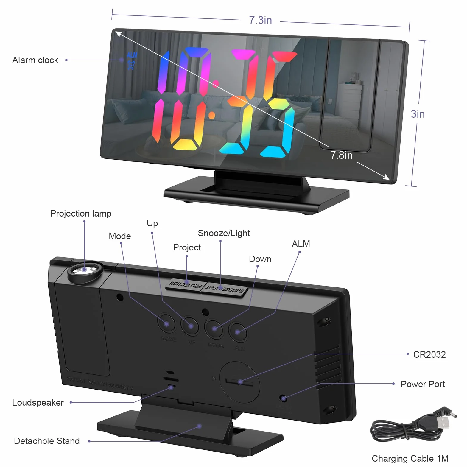 Budzik projekcyjny 7,8 cala z ekranem lustrzanym, projektor 180°, USB, 4 regulacje jasności