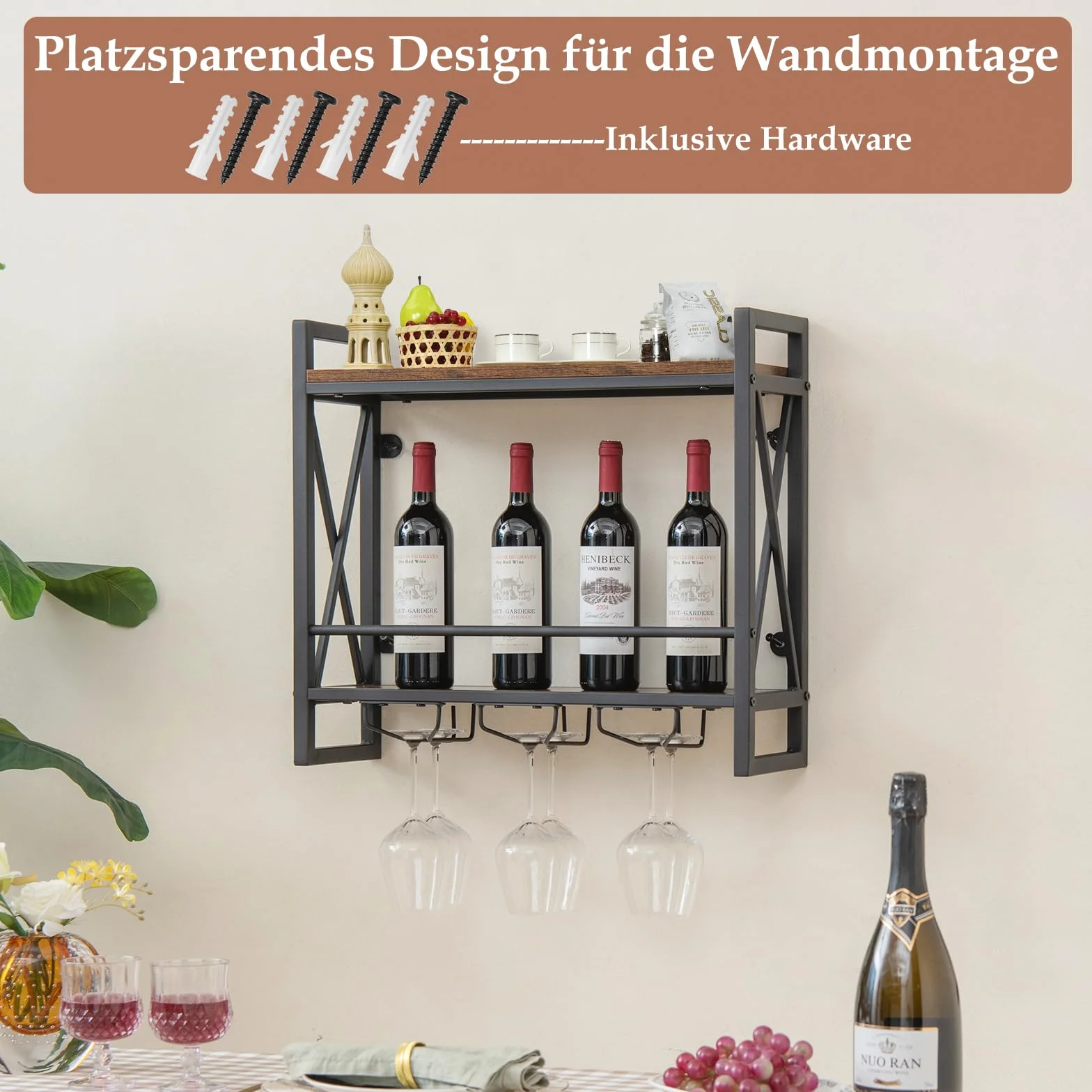 COSTWAY Regał ścienny na wino 2 poziomy metalowa rama 3 rzędy uchwytów na kieliszki industrialny