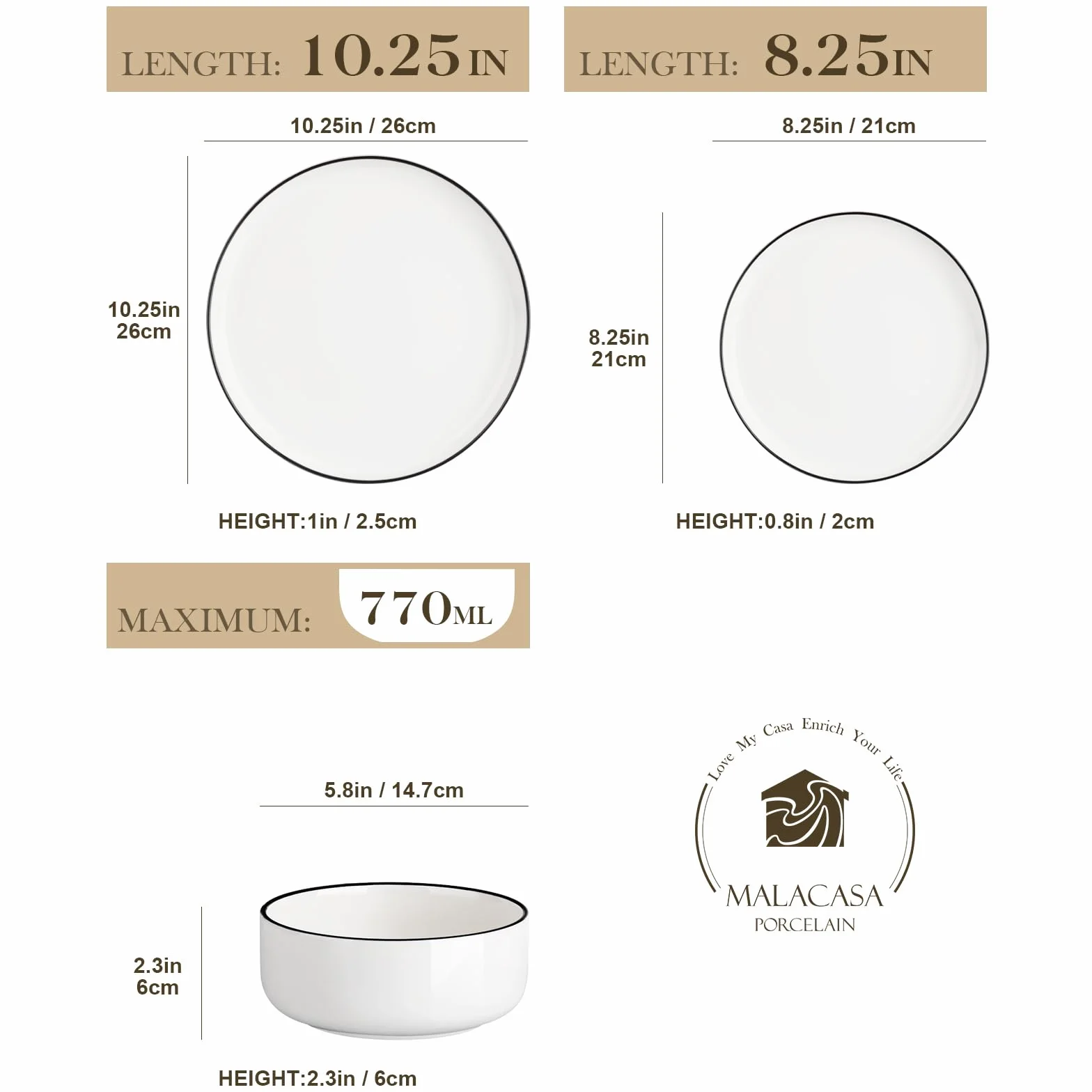 MALACASA 18-częściowy zestaw porcelanowej zastawy stołowej LUNA biały z czarnymi krawędziami dla 6 osób