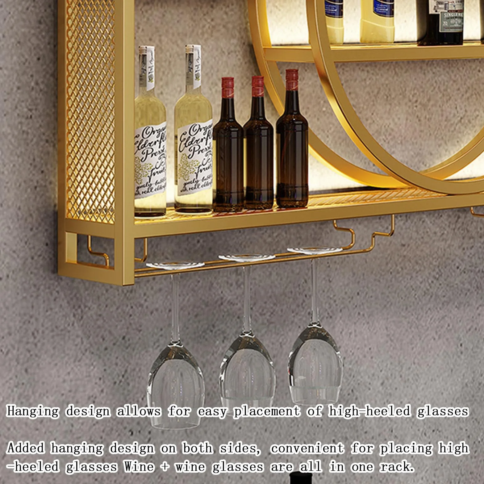 Metal Floating Wall Wine Shelf with LED Light and Wine Glass Holder