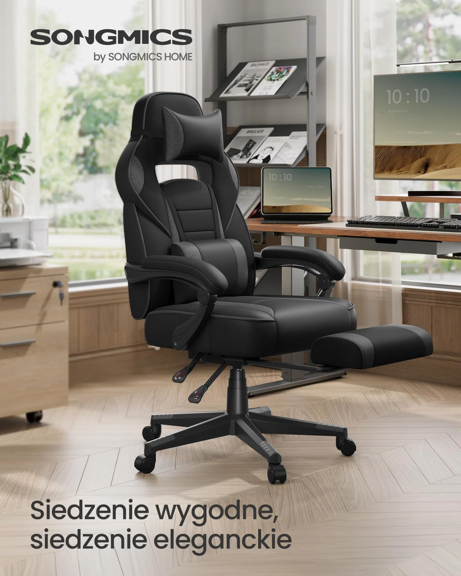 SONGMICS Fotel gamingowy, fotel biurowy z podnóżkiem, fotel biurowy z zagłówkiem i podparciem lędźwiowym, regulowana wysokość, ergonomiczny, nośność do 150 kg, kolor atramentowo-szary OBG073BH20