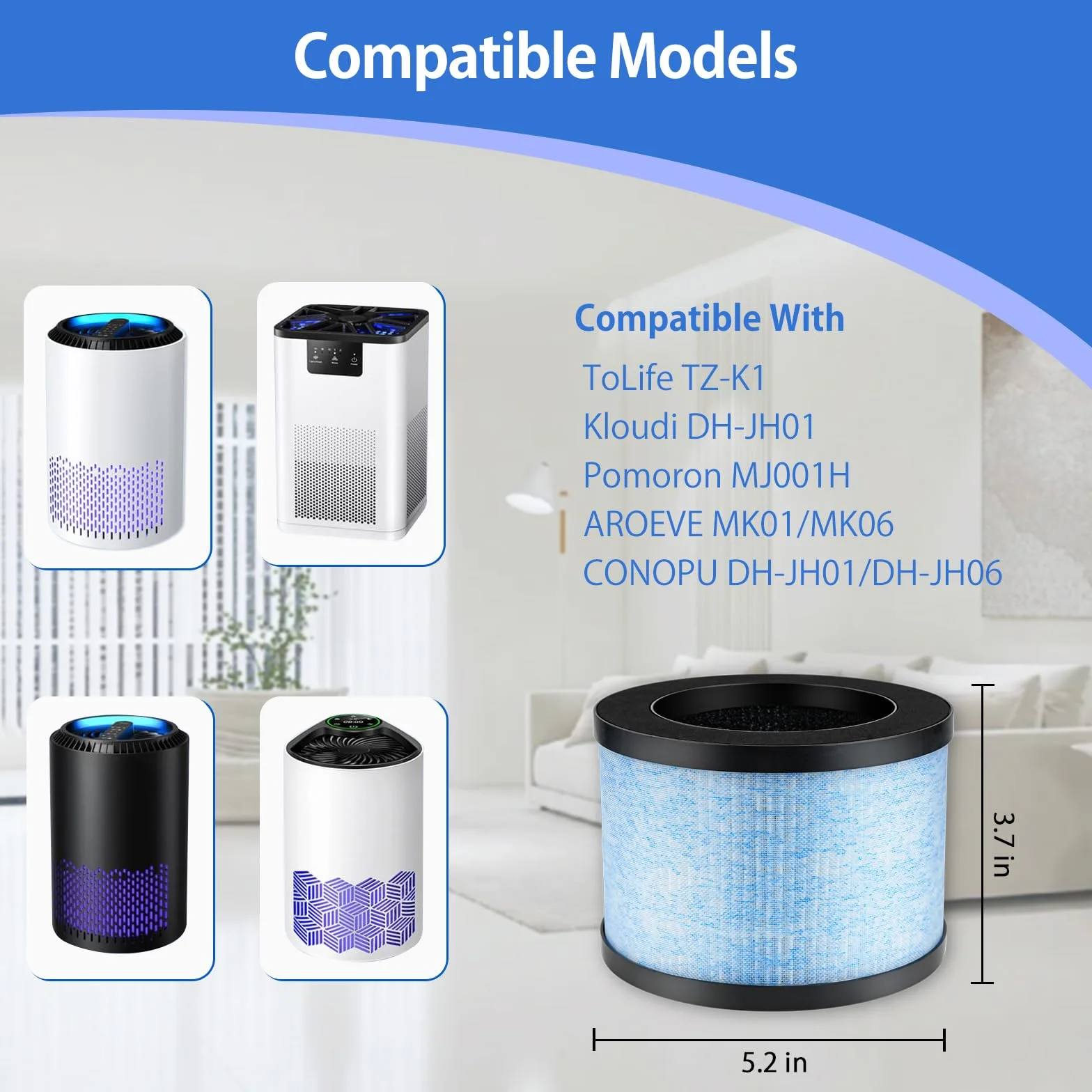 MK01 HEPA Filtr wymienny kompatybilny z AROEVE MK01 MK06 Pomoron CONOPU DH-JH01 DH-JH06, ToLife TZ-K1 i Kloudi DH-JH01, filtracja 3 w 1 360°, H13 HEPA dla lepszej jakości powietrza, 4 sztuki