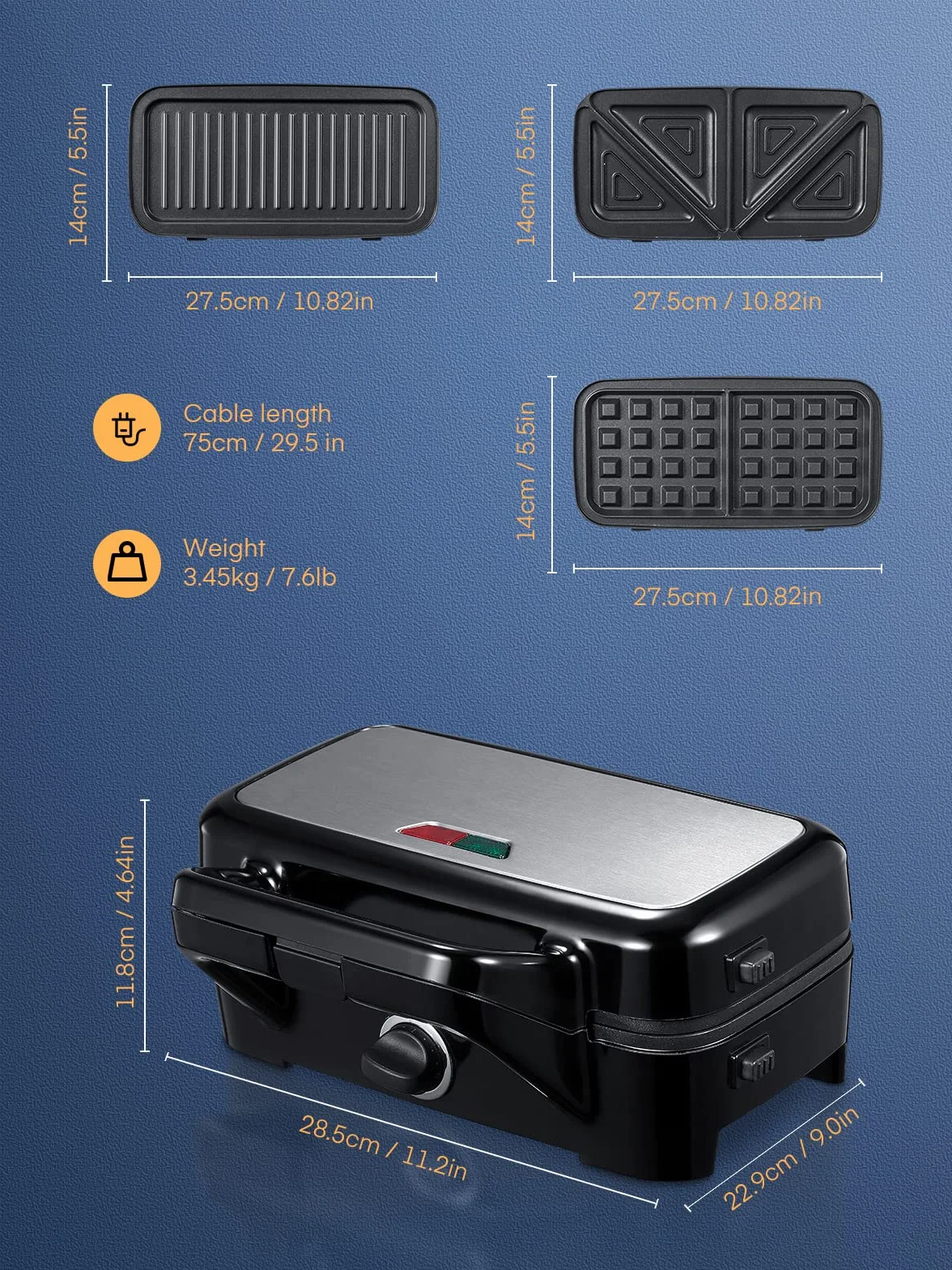 Opiekacz do kanapek 3 w 1, gofrownica 1200W, toster kanapkowy z patelnią