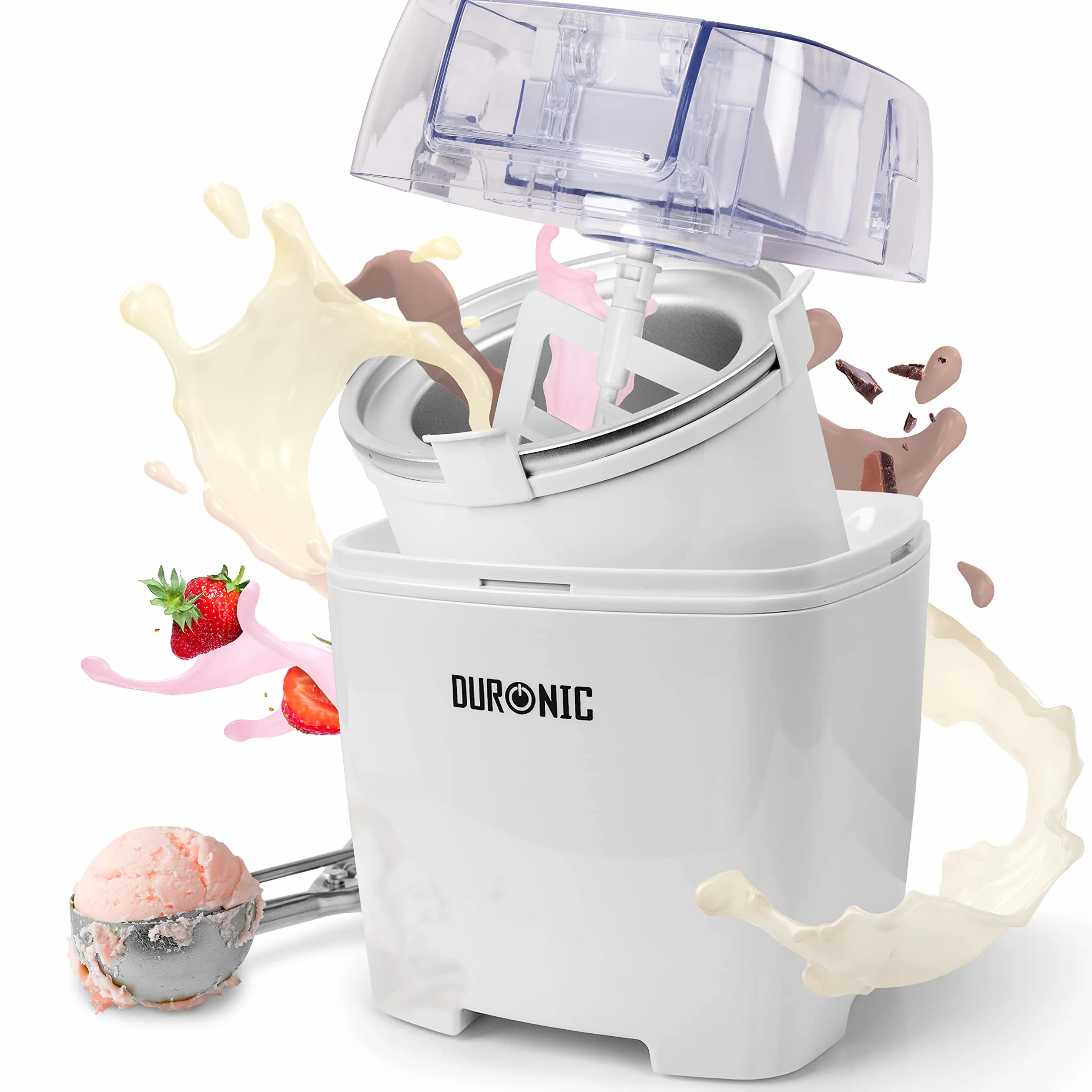 Duronic IM540 Maszynka do robienia lodów domowych bez BPA 1,5l mrożonych deserów automat do sorbetów wegańskie lody domowe bez cukru przezroczysta pokrywka dodawanie składników podczas kręcenia