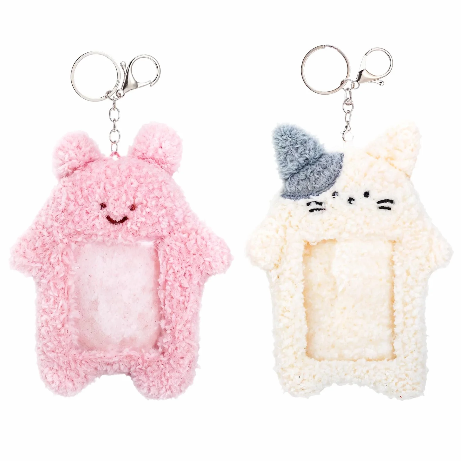oruola Zestaw 2 pluszowych etui na karty fotograficzne, pluszowe etui na karty z brelokiem, uchwyt na zdjęcia dla dziewczynek, etuis na kartys Kawaii z białym kotem i różowym króliczkiem