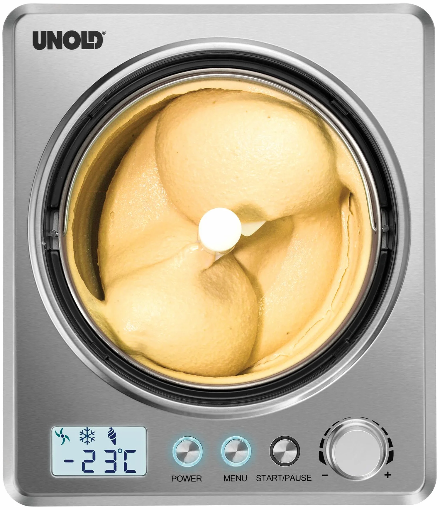 Unold 48880 Maszyna do lodów Profi Plus, 2,5 l, stal nierdzewna, w pełni automatyczna, sprężarka samochłodząca, wyświetlacz LCD, timer, również do lodów wegańskich, bezlaktozowych i zawierających stewię