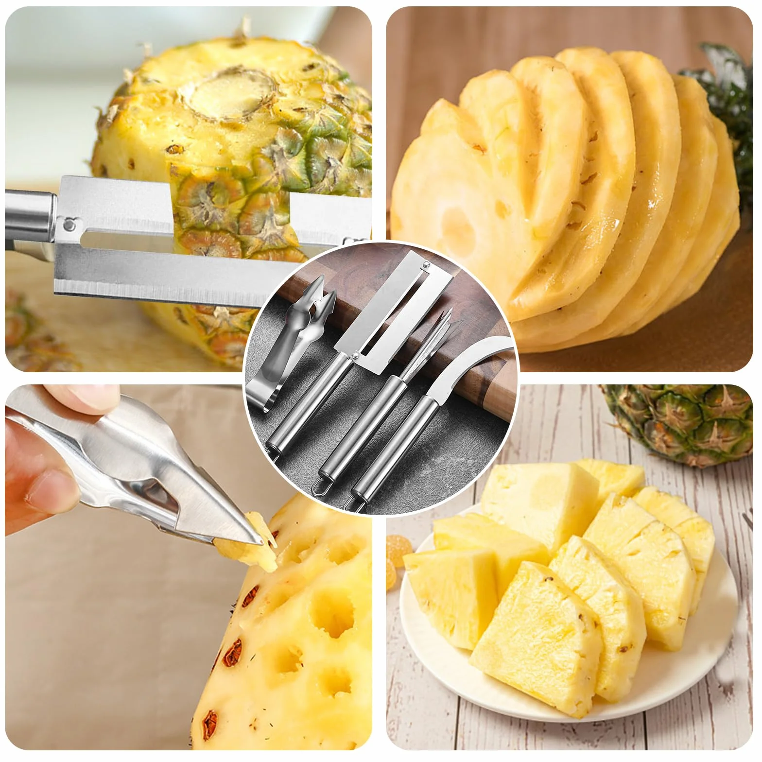 Obieraczka do ananasa, stal nierdzewna, nóż do ananasa, nóż do trzciny cukrowej, klamra do usuwania pestek i widelca ananasowego, narzędzie do domu, ostre ostrze do ananasa, trzciny cukrowej i innych