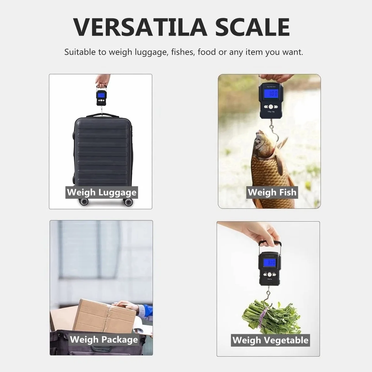 NUTRI FIT Cyfrowa waga bagażowa 50 kg, 2 baterie AAA w zestawie, podświetlany wyświetlacz