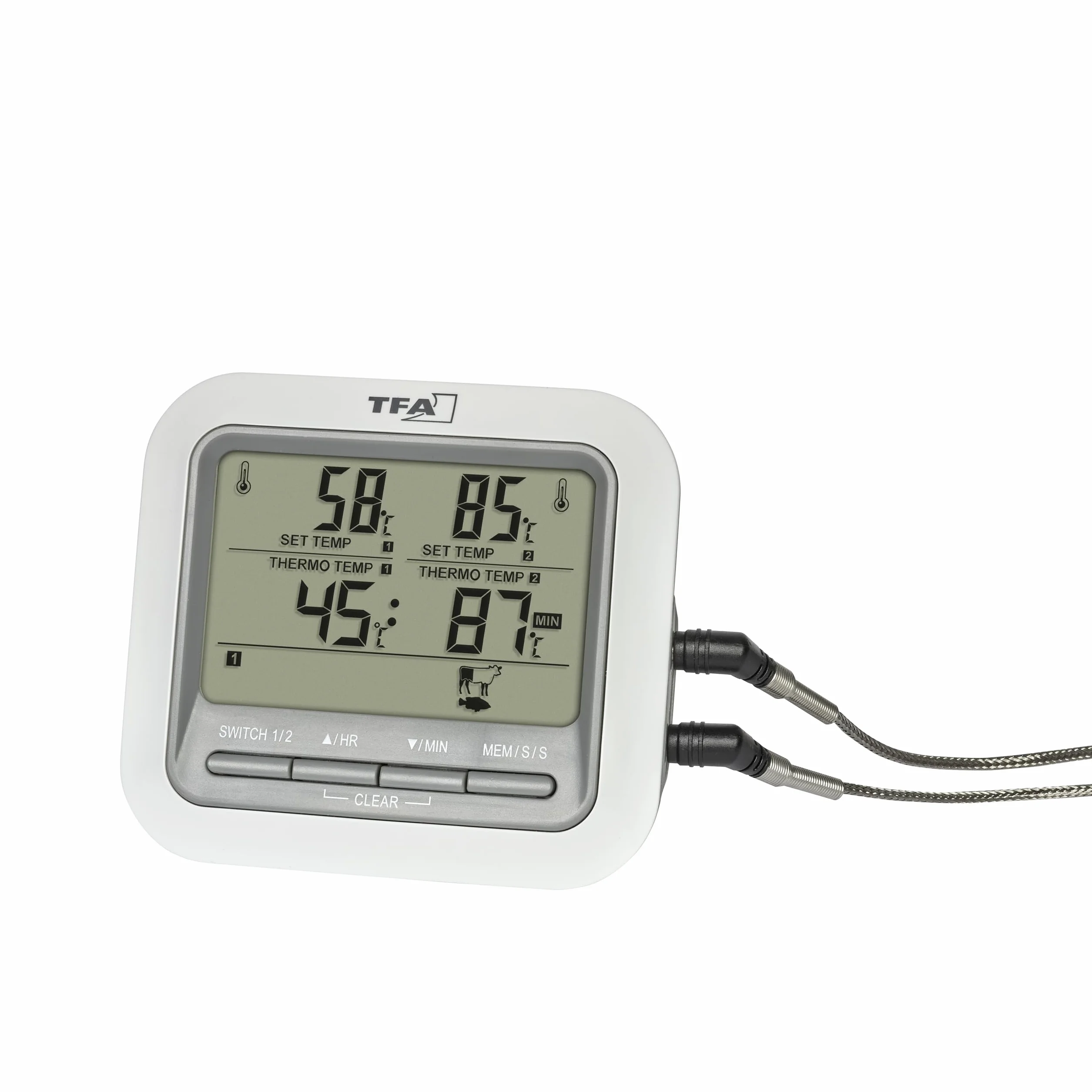 TFA Dostmann Cyfrowy termometr do grilla, 14.1516, z 2 sondami ze stali nierdzewnej, termometr do mięsa do piekarnika i grilla, do 300°C, z funkcją alarmu, wołowina/wieprzowina/kurczaka/ryba, biały