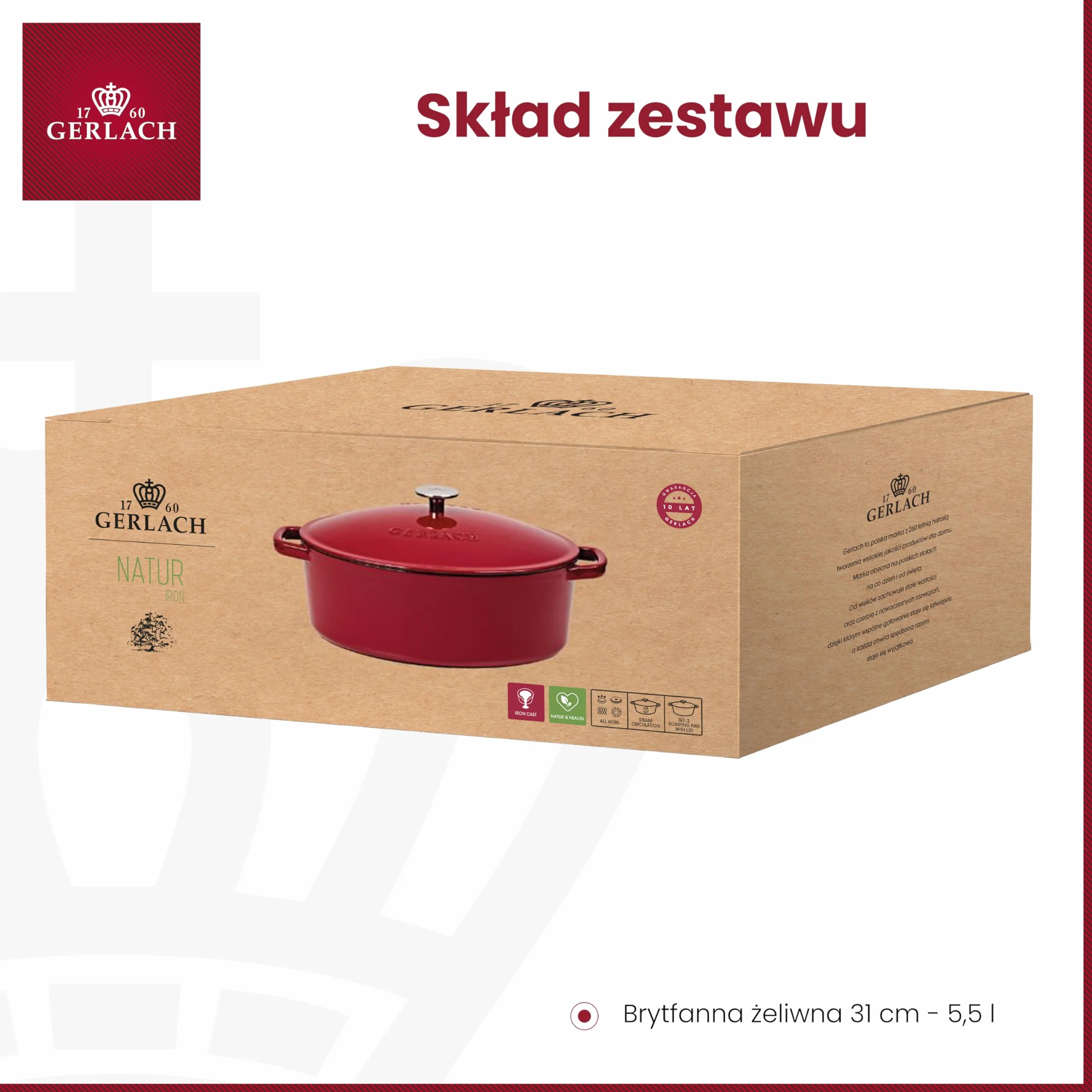 Gerlach 1760 Żeliwna Brytfanna Z Pokrywką Emaliowana 5,5 l Bordowy