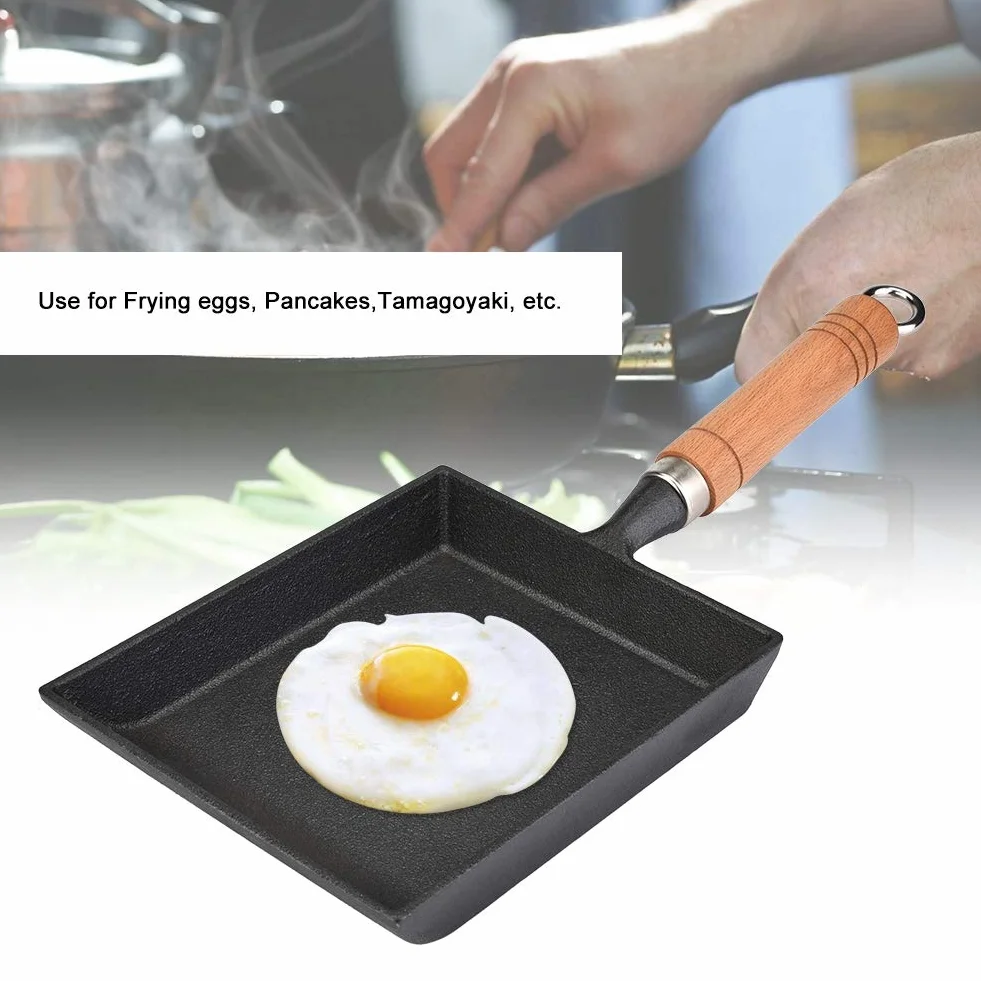 ASHATA Japońska Mini Tamagoyaki Omlet Patelnia do jajek Kwadratowa patelnia żeliwna prostokątna patelnia z drewnianym uchwytem, nieprzywierająca (37 x 15,5 cm/14,6 * 6,1 cala)