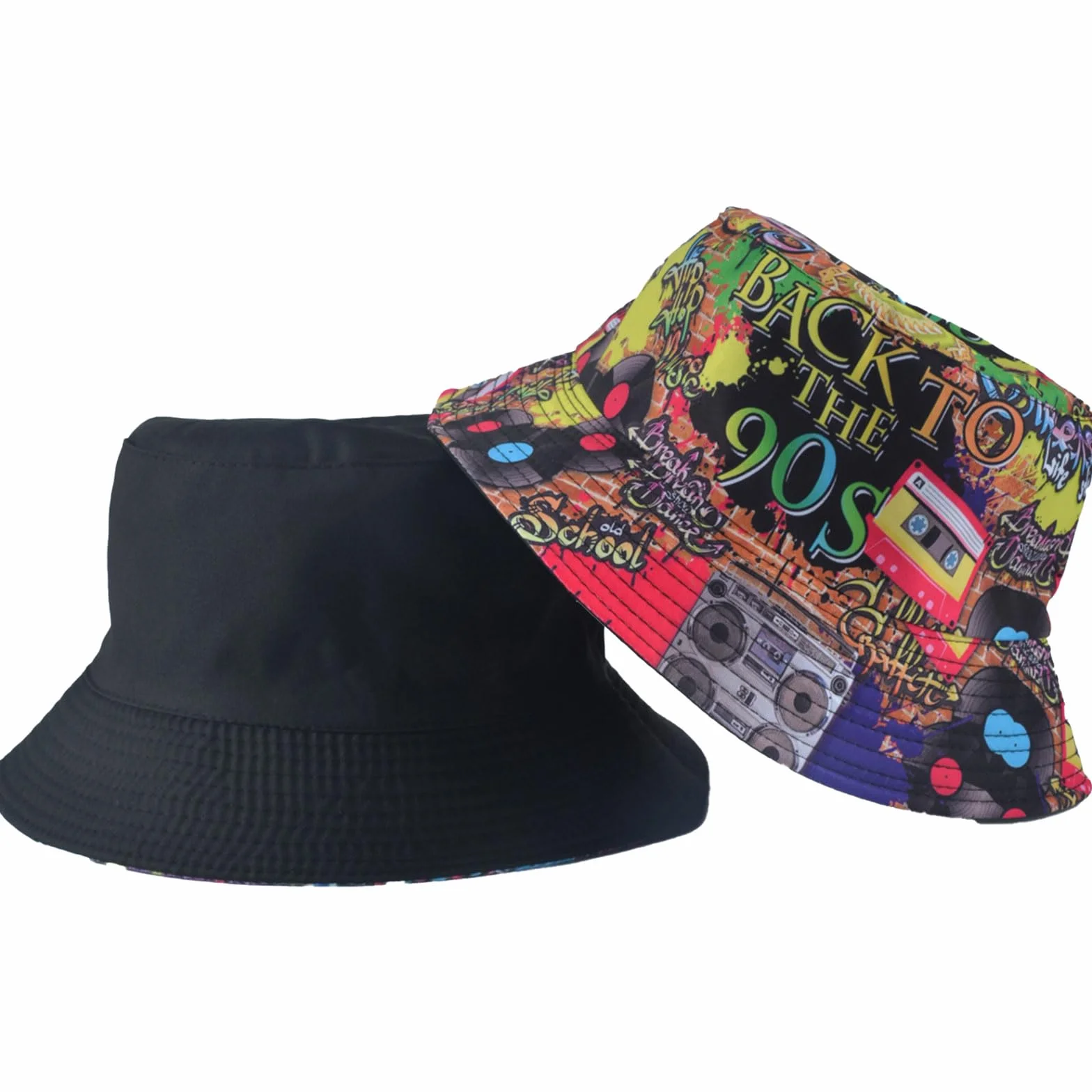 SSKHE Dwustronny kapelusz typu bucket z lat 90., graffiti, styl artystyczny, dwustronny zabawny kapelusz typu bucket hat, hip-hop, rockowy, styl uliczny unisex