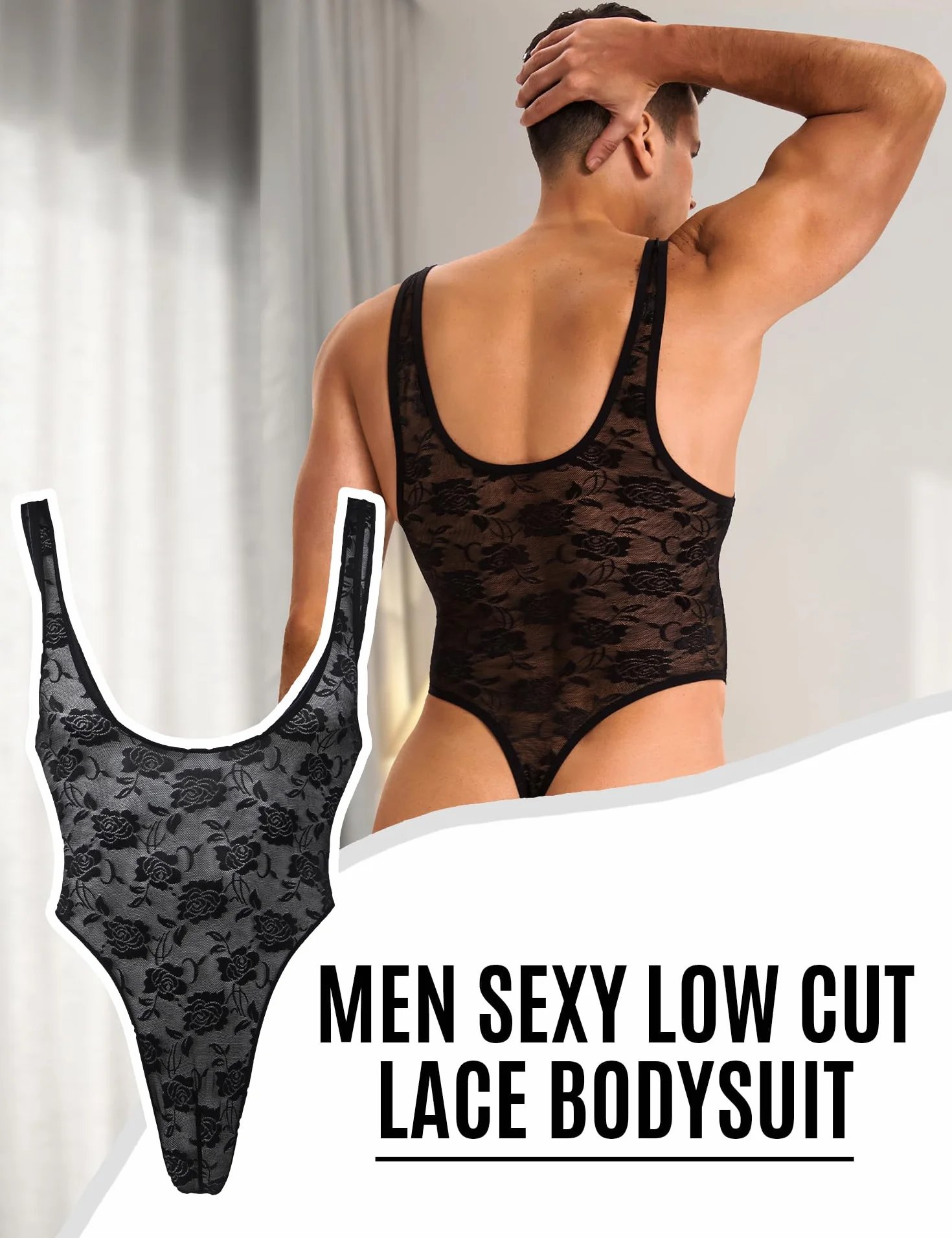 ohmydear Męskie body z siatki bielizna męska uwodzicielska gorąca mamuśka seksowna bielizna męska bez rękawów bodystocking męska seksowna odzież bez pleców plus size