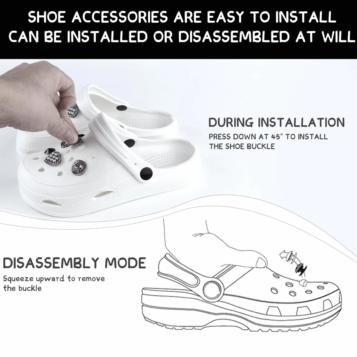 Crocs przypinki, przypinki do butów crocs, kokardka sznurówki charmy, odpinane zawieszki do butów, Crocs Pins dla dziewcząt, kobiet i dorosłych, dwa style: srebrny i czarny
