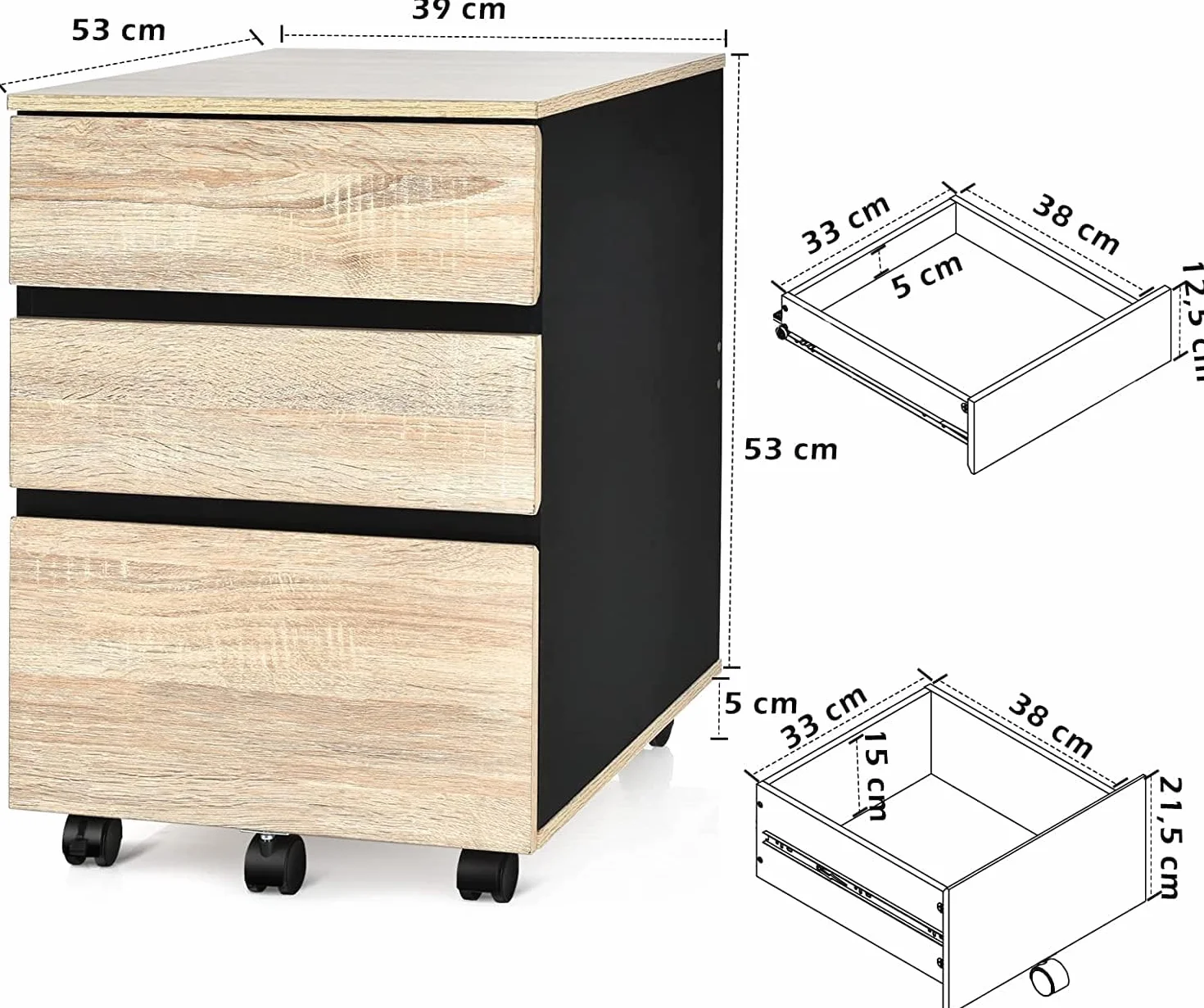 COSTWAY Kontener na kółkach z 3 szufladami, szafka biurowa z zabezpieczeniem przed przewróceniem, 39 x 53 x 58 cm, naturalny