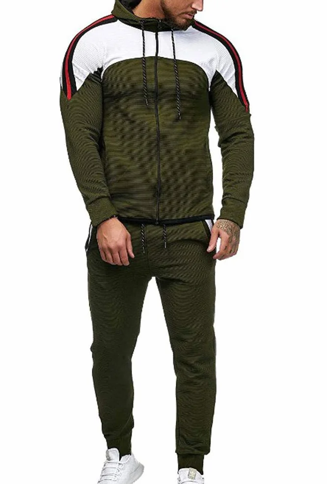 Strój sportowy męskie spodnie dresowe + unikalne topowe bluzy z kapturem zestaw dresowy męski prążkowane kolory splot dres codzienny sport, Wojskowa zieleń, M