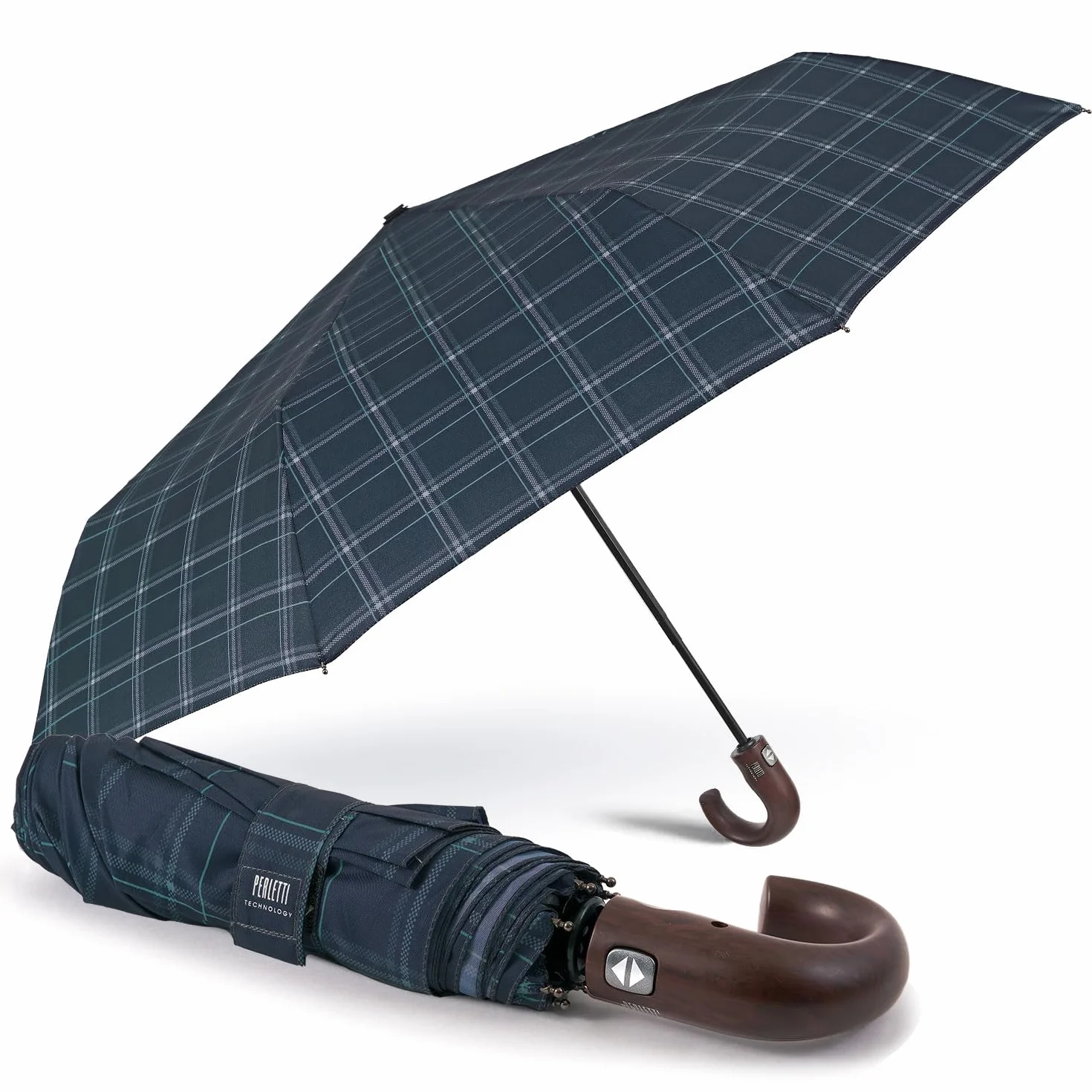 Automatyczny Parasol Mężczyzn Wygiętą Rączką - Parasol Męski Wiatroodporny Kieszonkowy Automatycznym Systemem Otwórz Zamknij Szkocka Fantazja - Średnica 104 cm - Perletti (Tartan Niebieski i Zielony)
